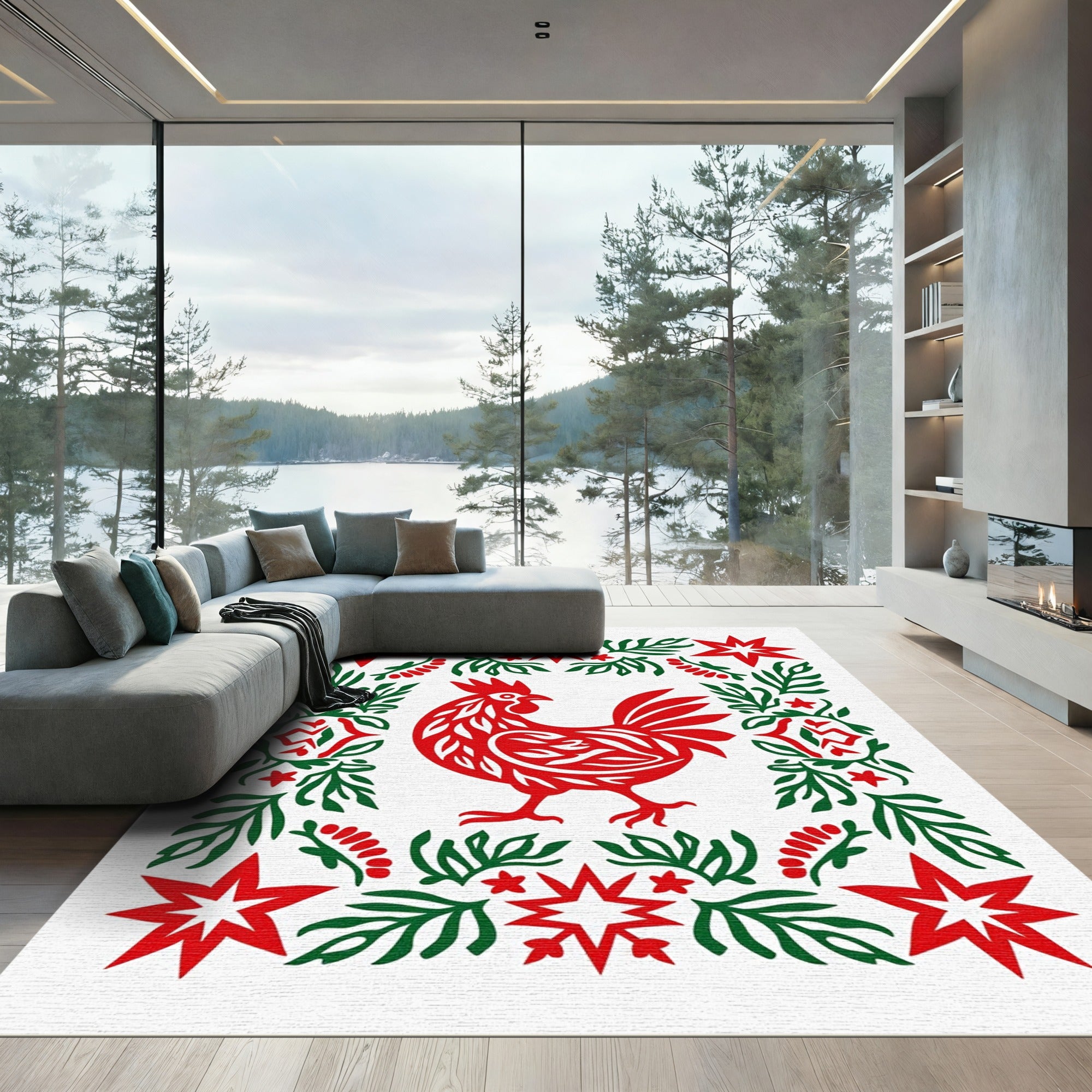 Red Rooster Green Floral Star Border Rug