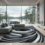 Monochrome Abstract Swirling Vortex Area Rug