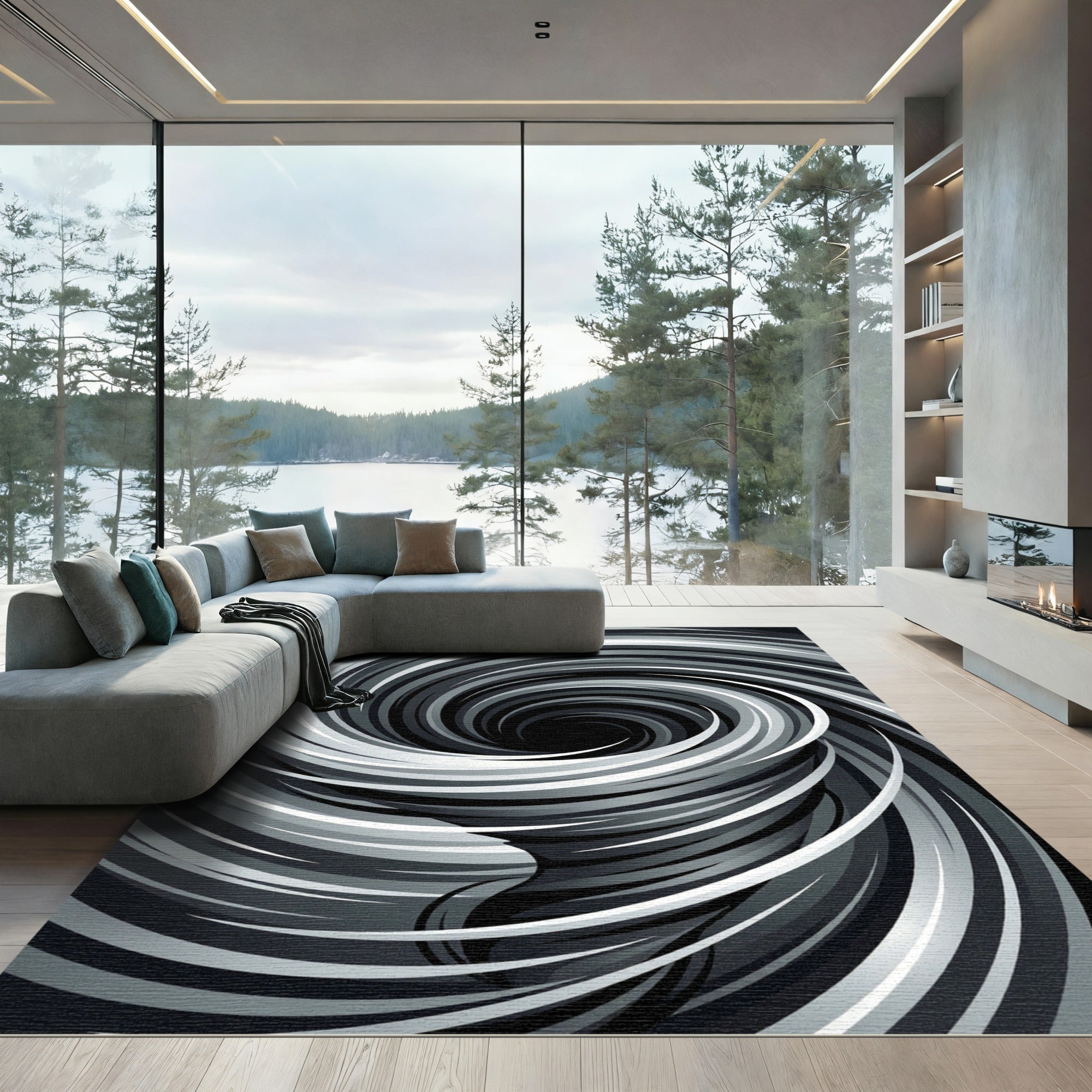 Monochrome Abstract Swirling Vortex Area Rug