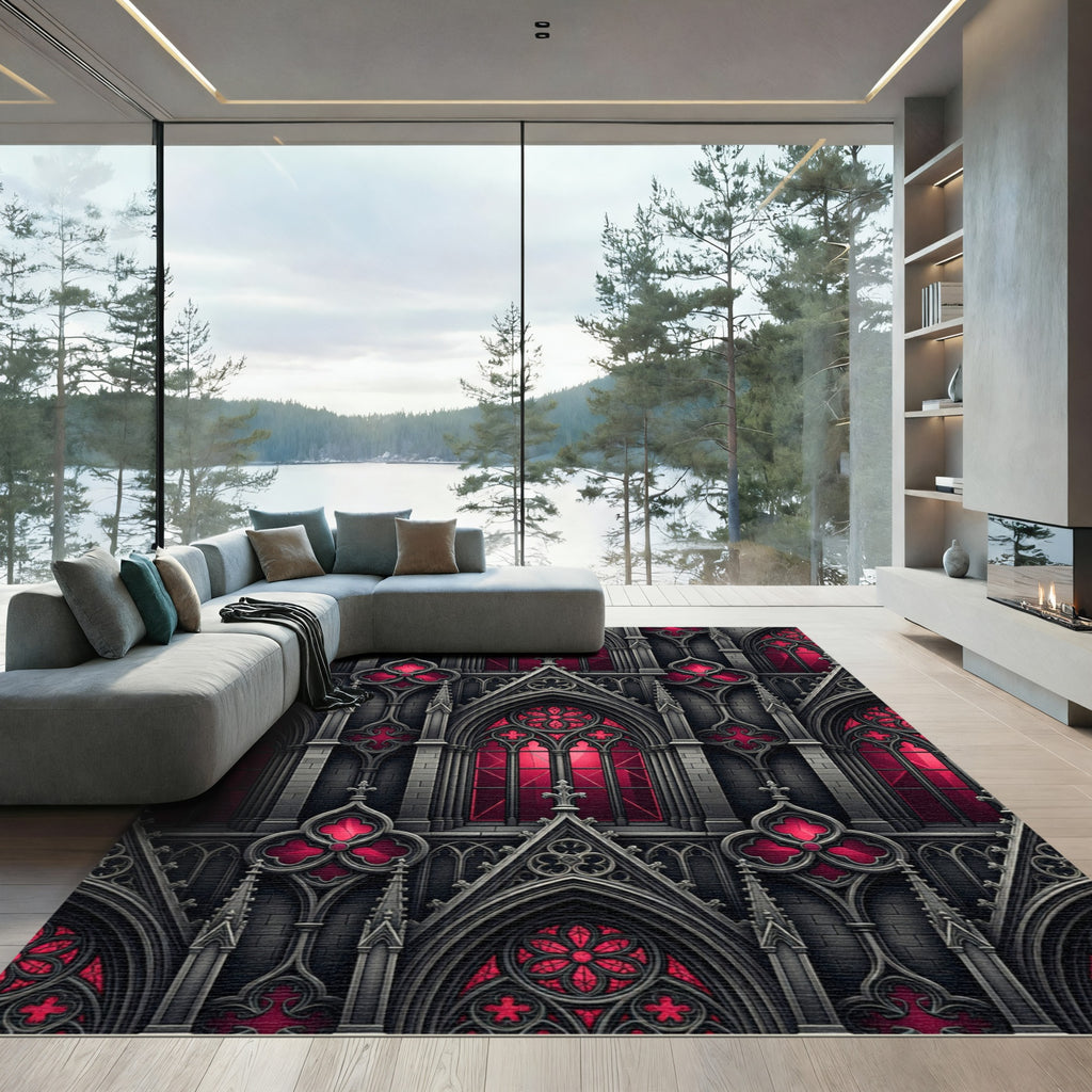 Gothic Crimson Cathedral Arch Geometric Rug