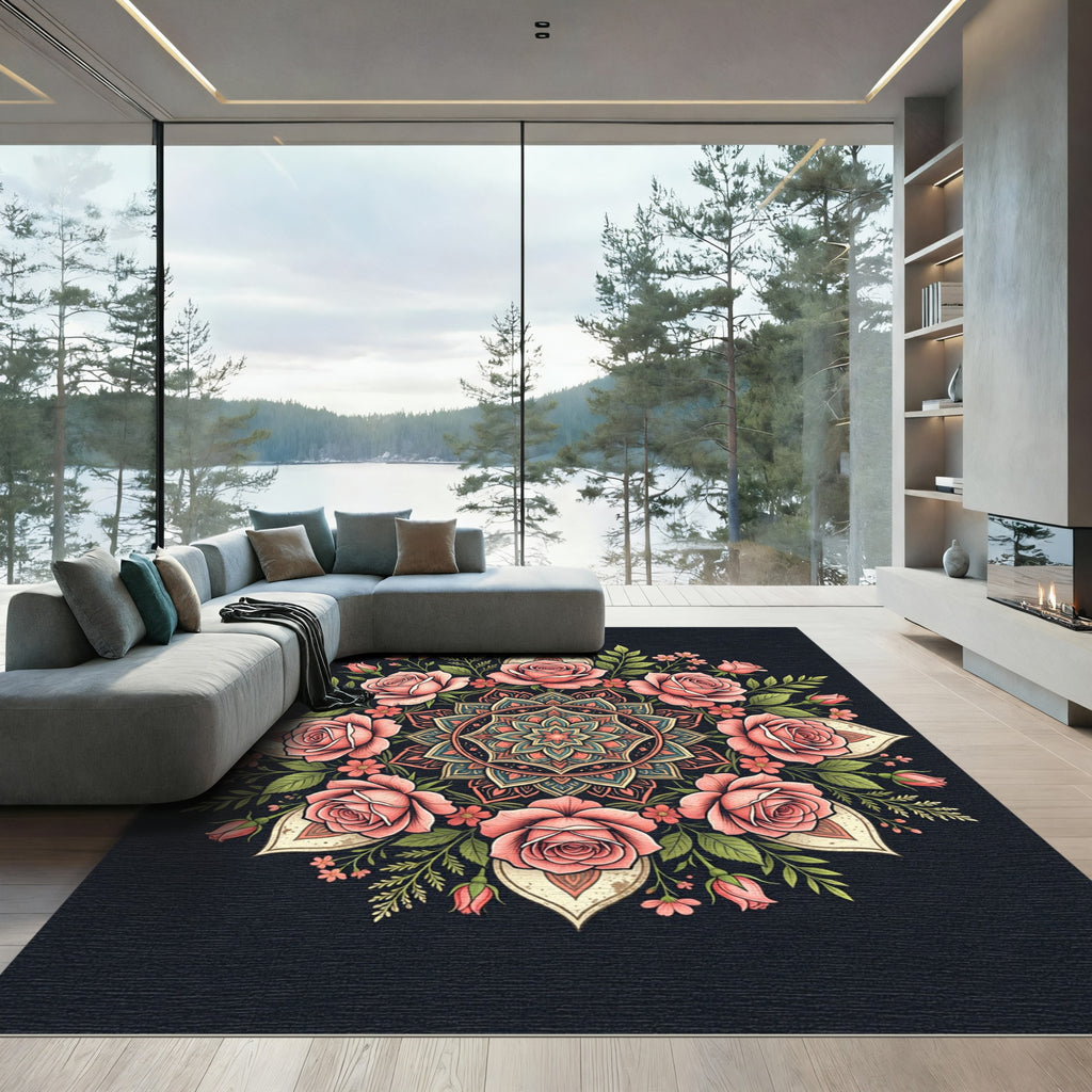 Elegant Pink Rose Floral Mandala Rug
