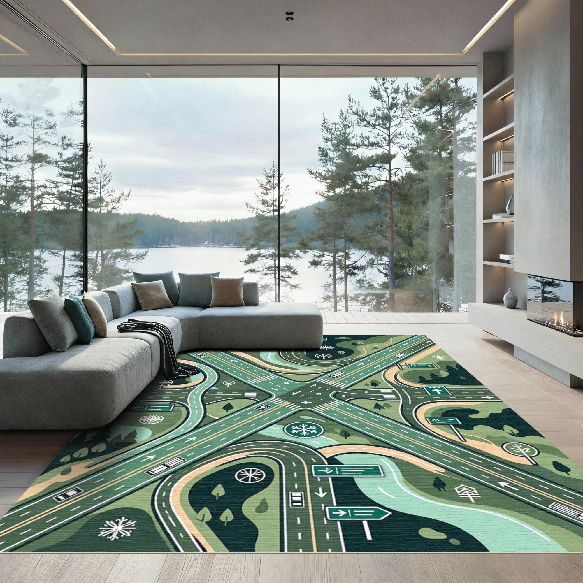 Geometric Sage Crossroad Highway Map Rug