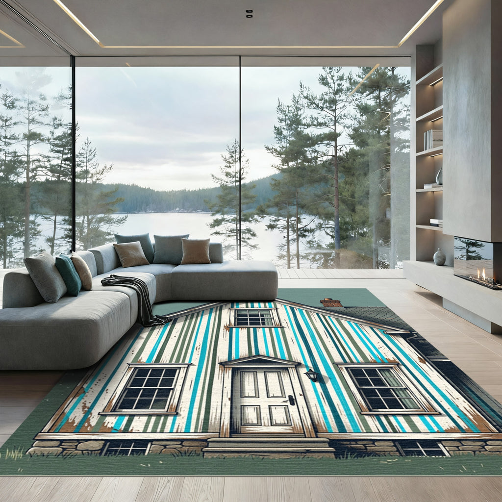 Vertical Blue and Teal Distressed Stripe Rug