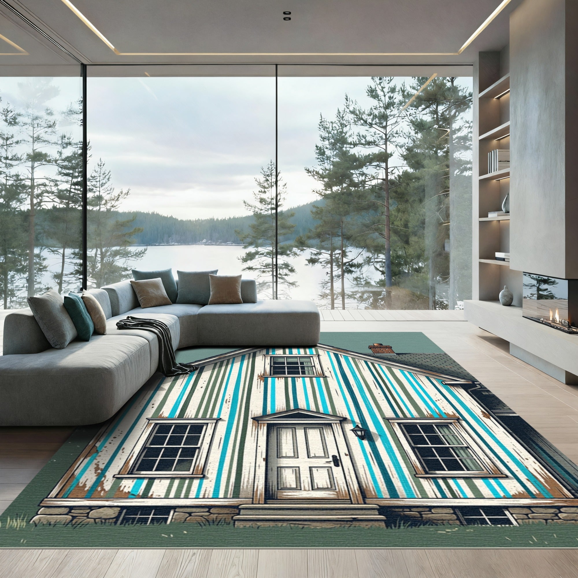 Vertical Blue and Teal Distressed Stripe Rug