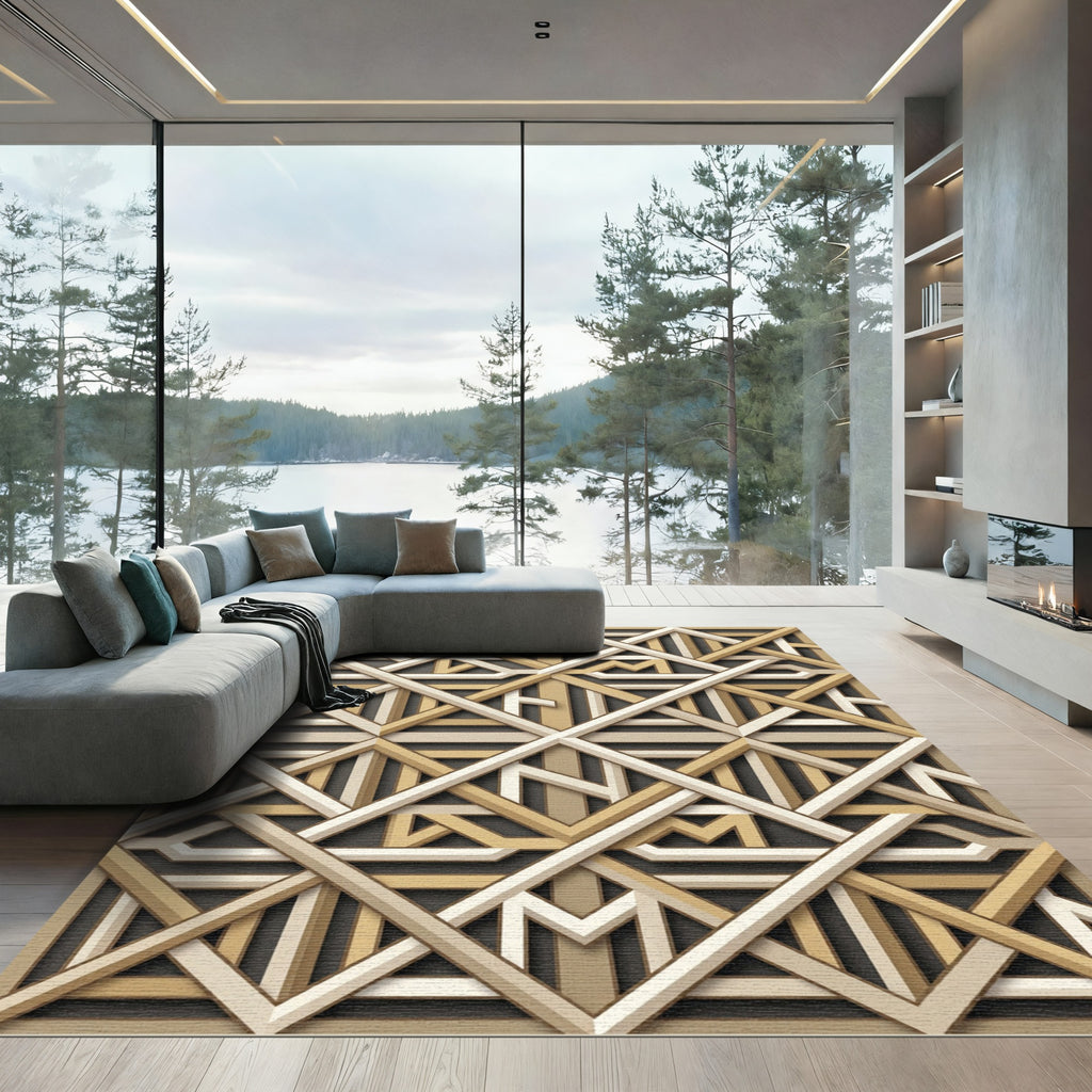 Golden Geometric Interlocking Linear Lattice Rug