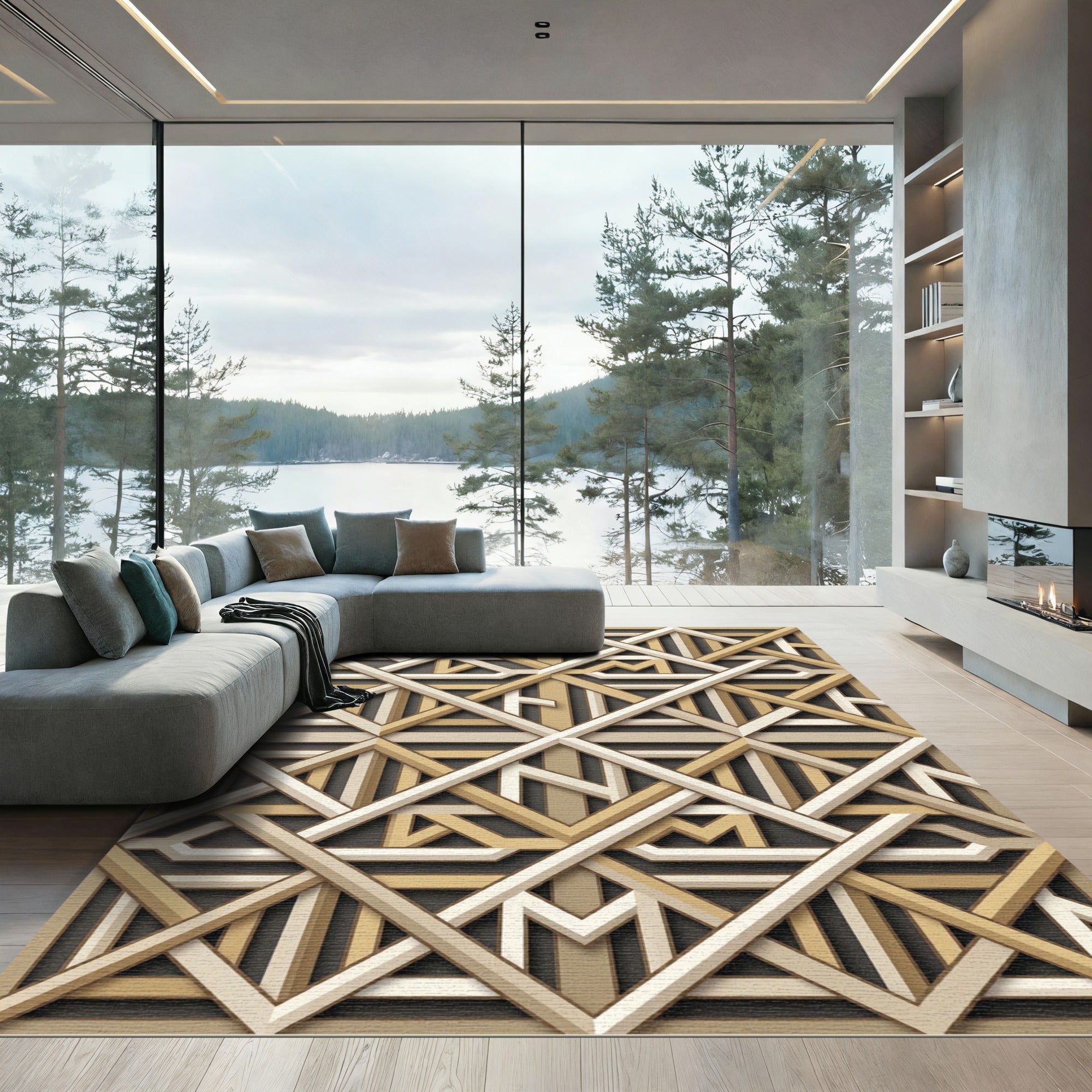 Golden Geometric Interlocking Linear Lattice Rug