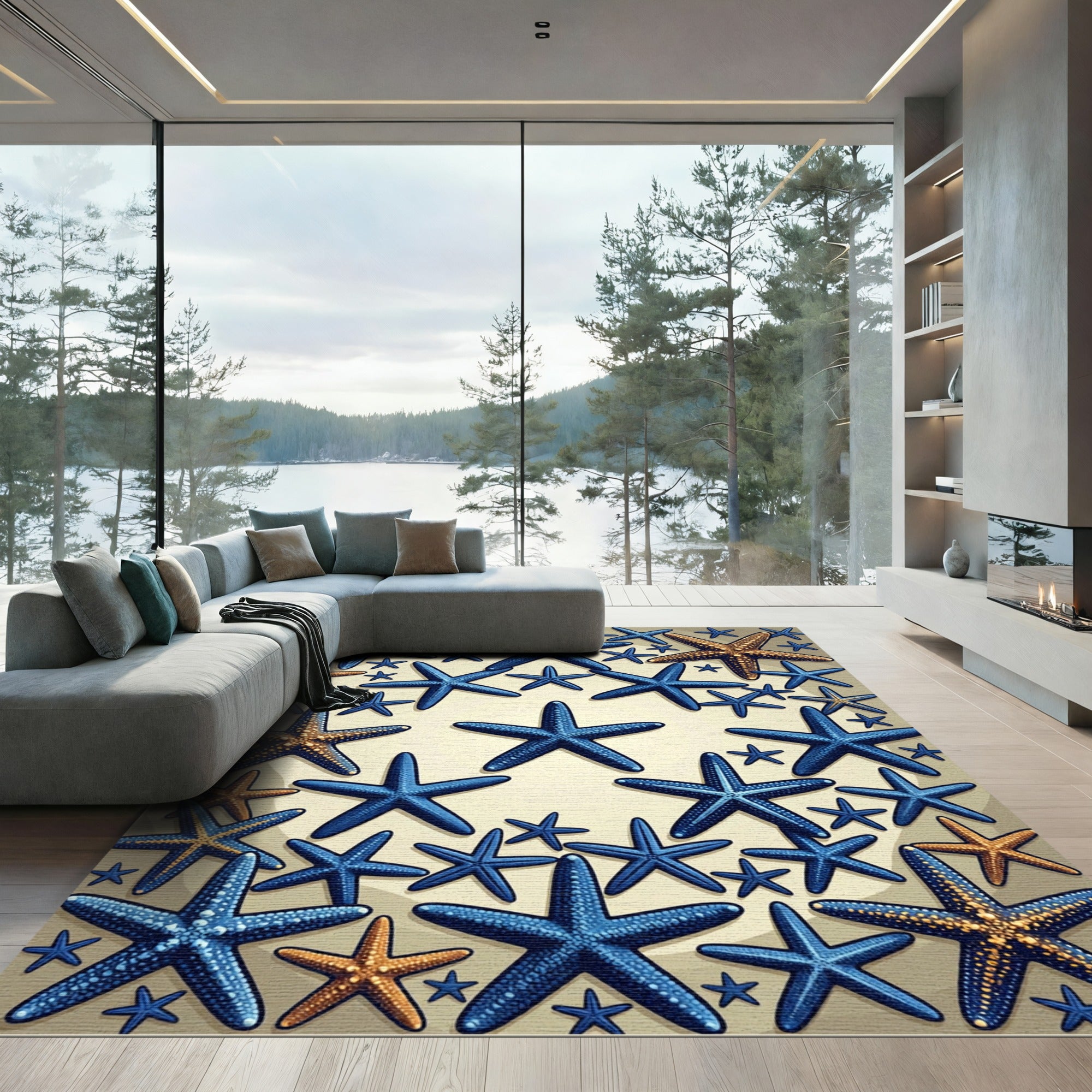 Coastal Blue and Gold Starfish Arrangement Rug