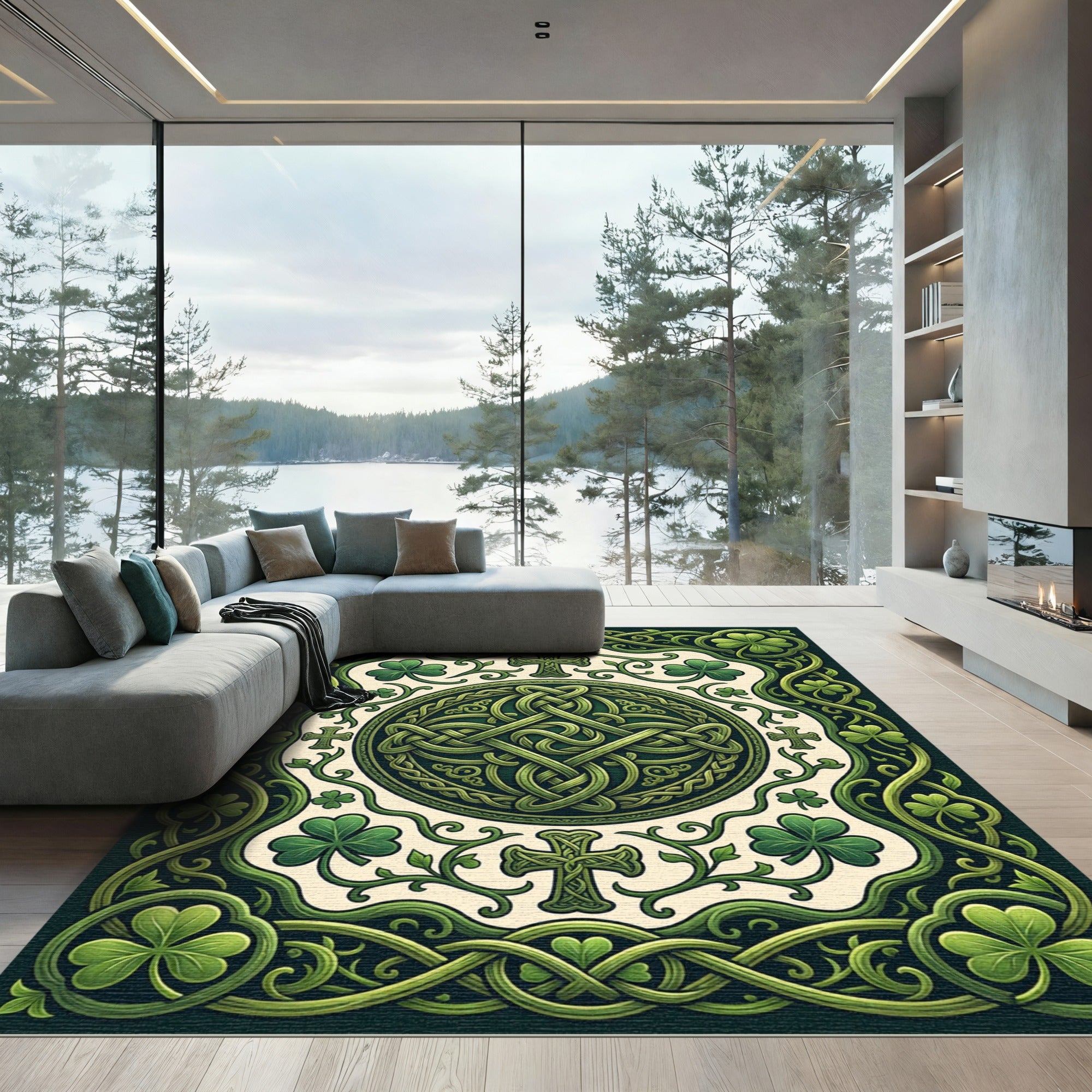 Intricate Celtic Knotwork Emerald Clover Emblem Rug