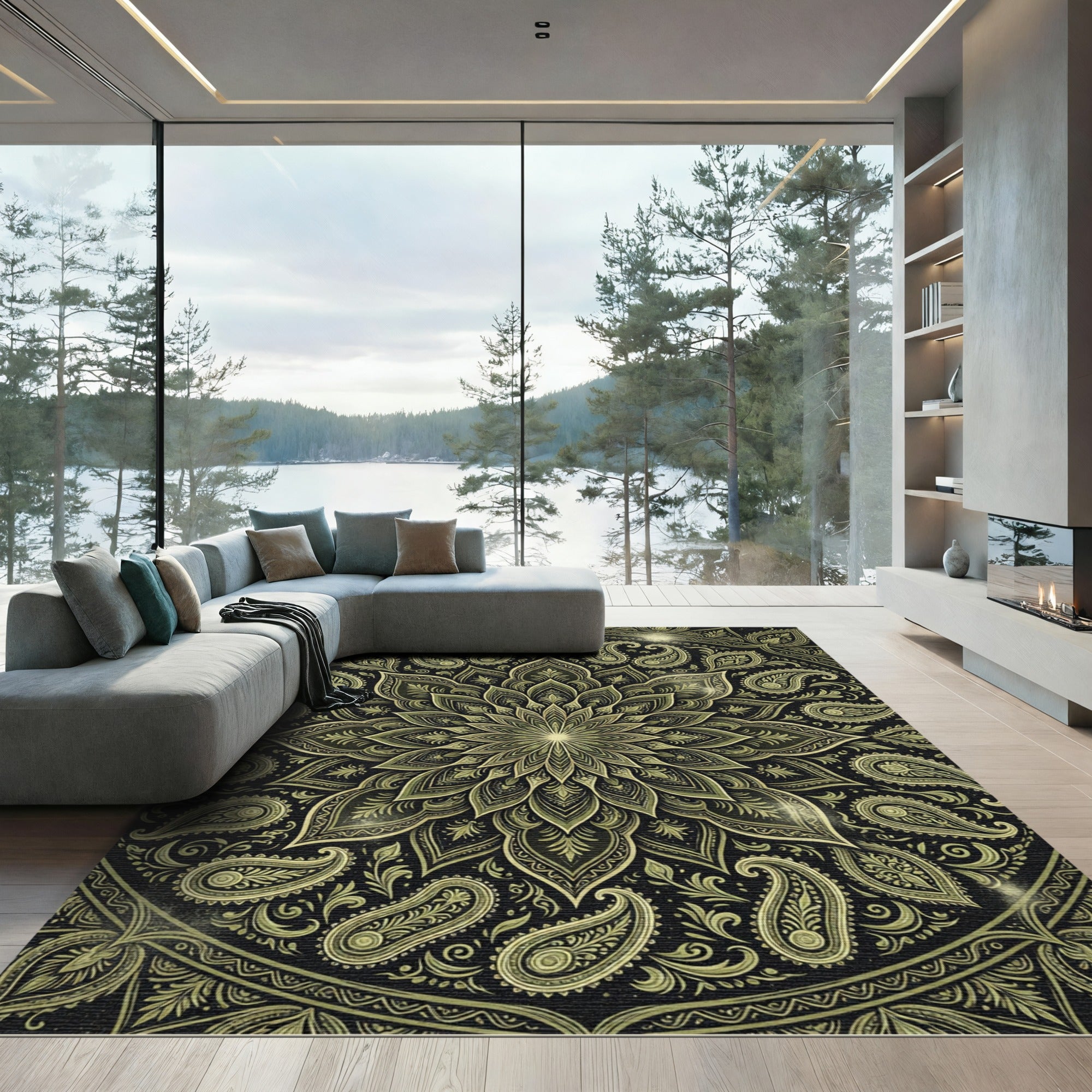 Golden Paisley Floral Mandala Dark Olive Rug