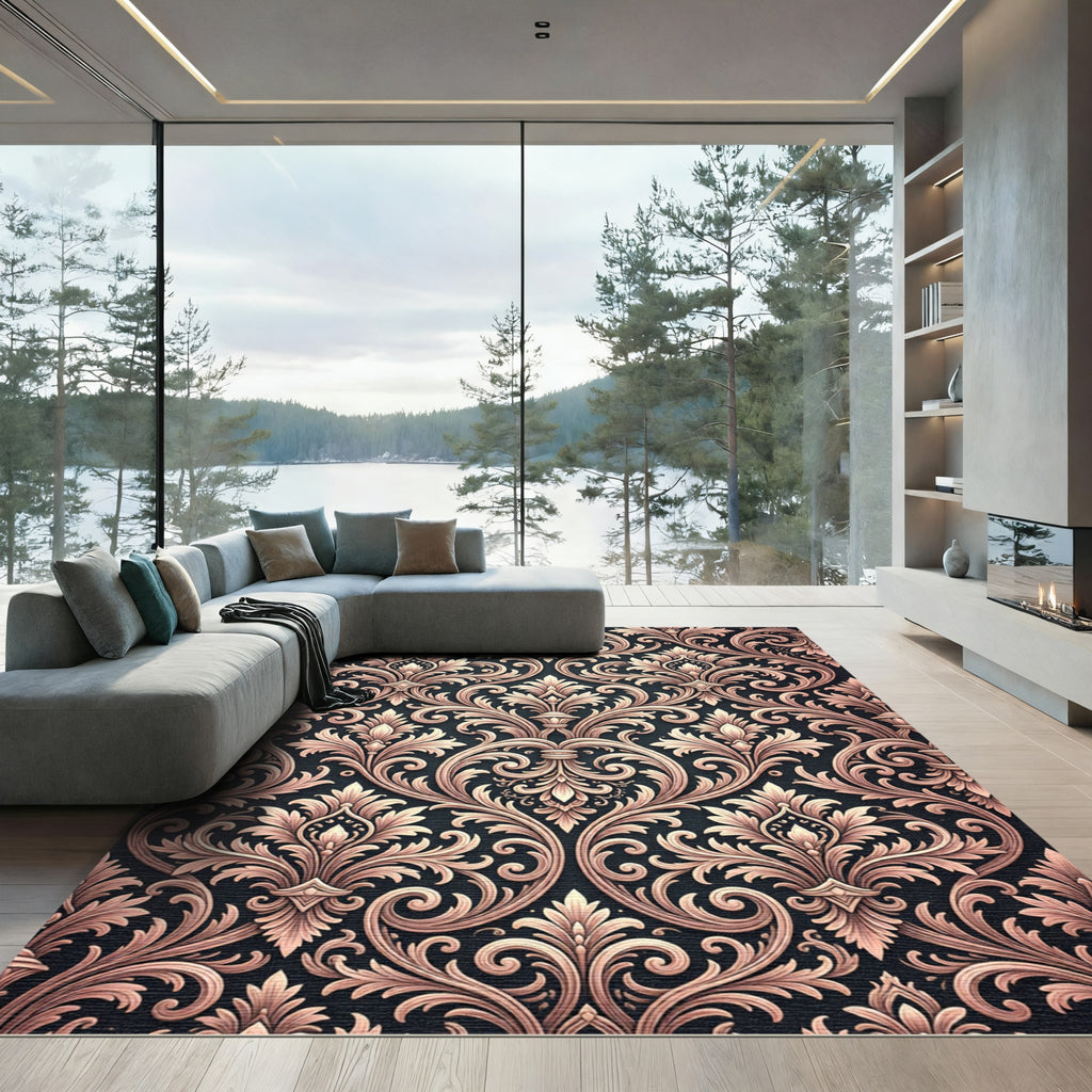 Bronze Damask Flourish Background Rug
