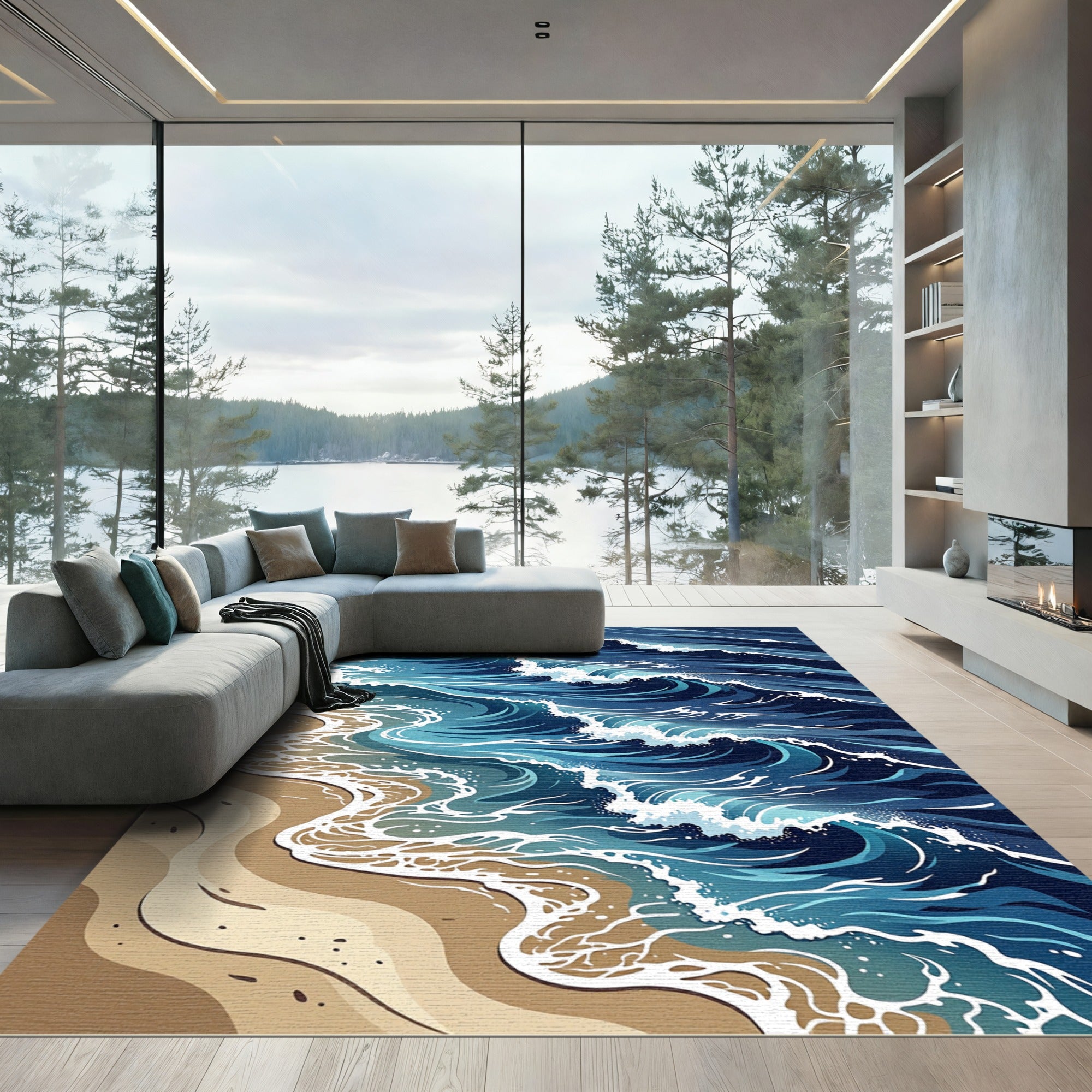 Dynamic Deep Blue Coastal Wave Rug