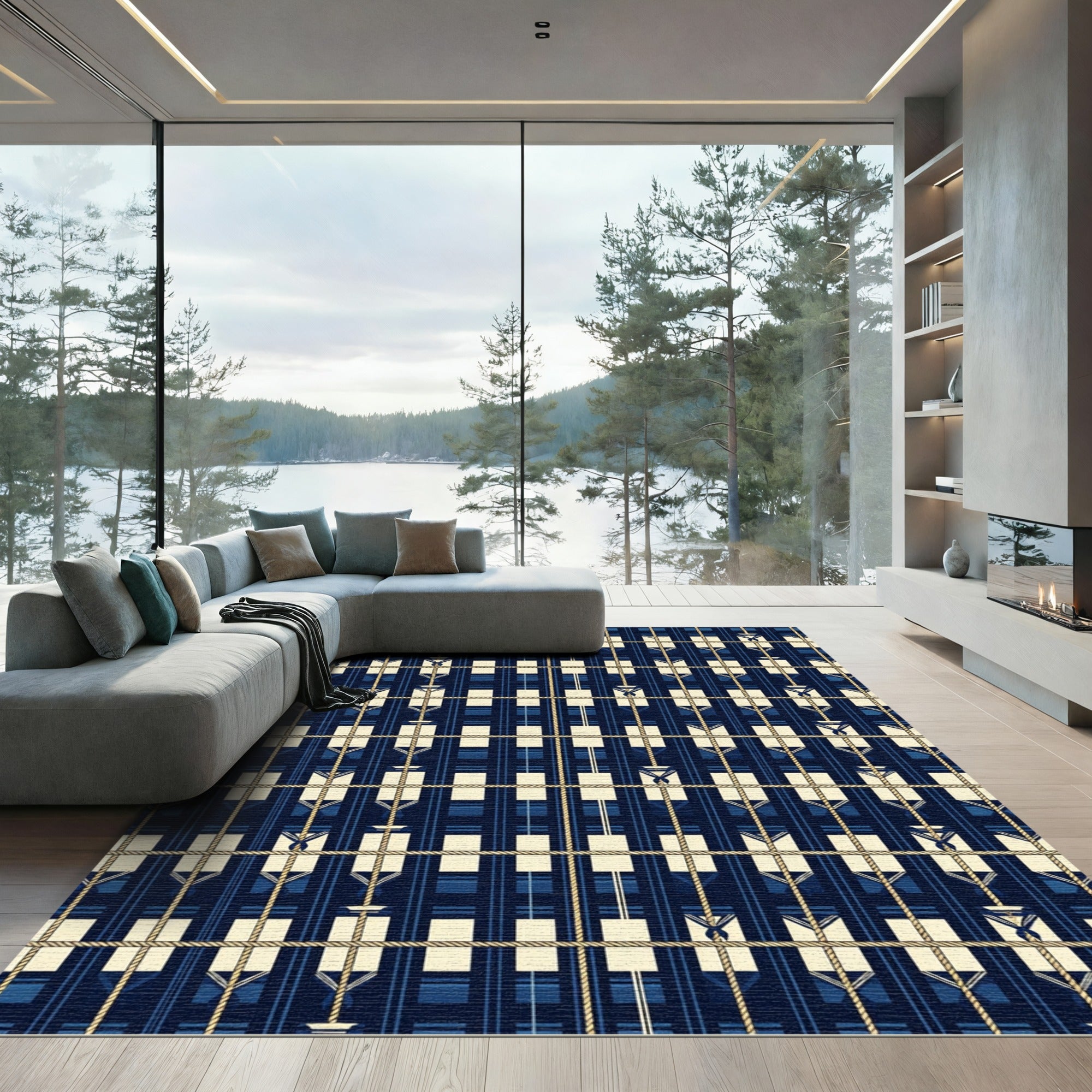 Navy Blue Nautical Grid Rope Lattice Rug