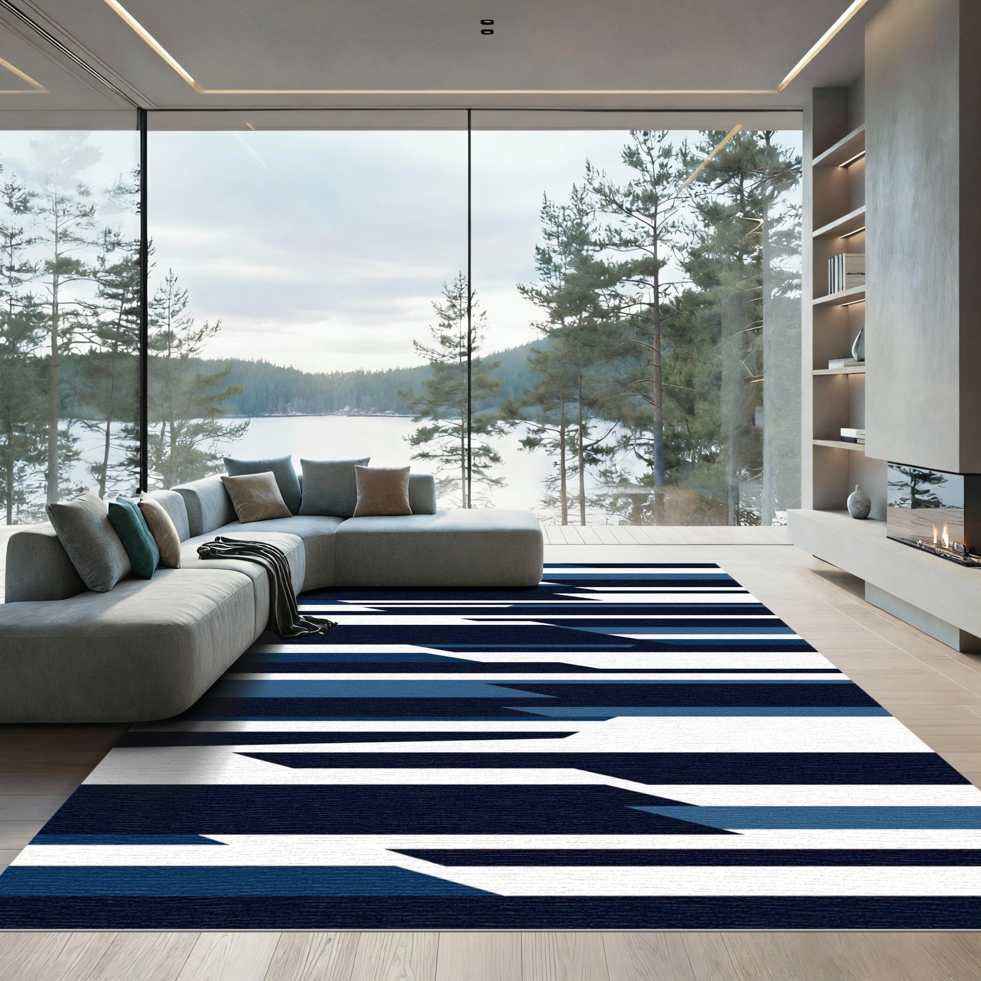 Modern Navy Blue Geometric Slant Rug