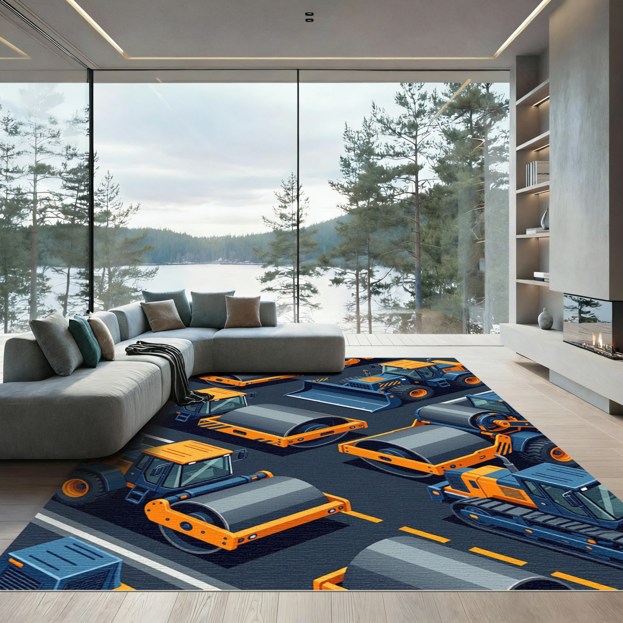 Construction Yellow and Blue Machinery Illustration Rug