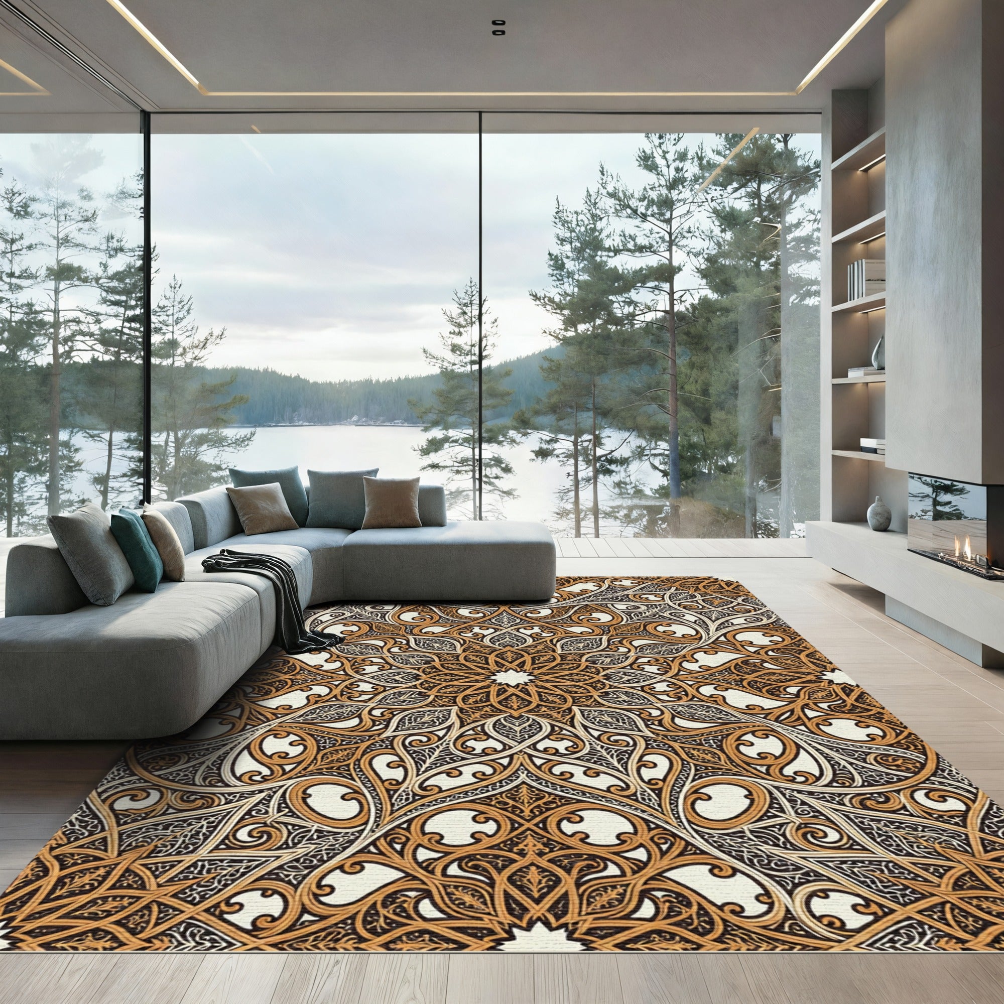 Golden Arabesque Intricate Mandala Rug