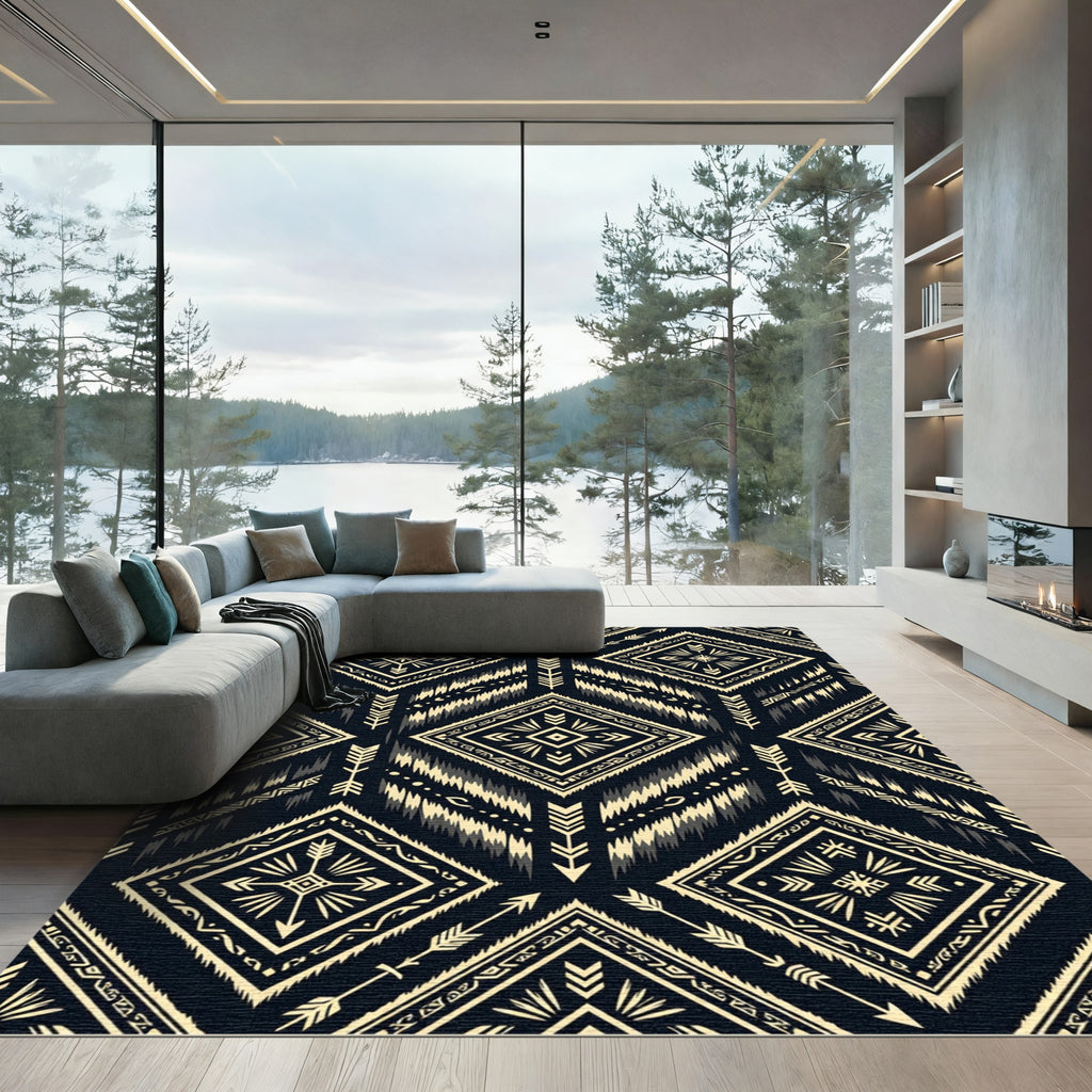 Black and Gold Tribal Geometric Diamond Rug