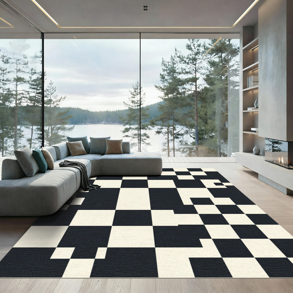 Monochrome Checkerboard Abstract Squares Rug