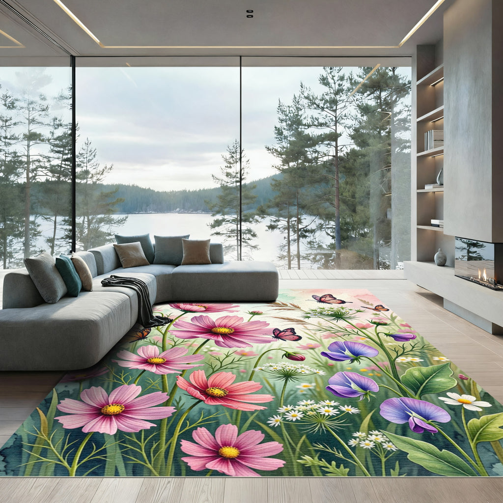 Whimsical Watercolor Pink Floral Butterfly Garden Rug