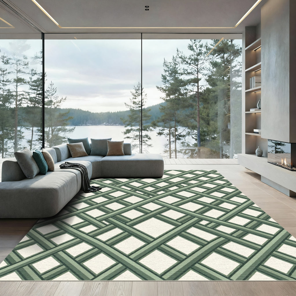 Sage Green Interlocking Geometric Grid Rug