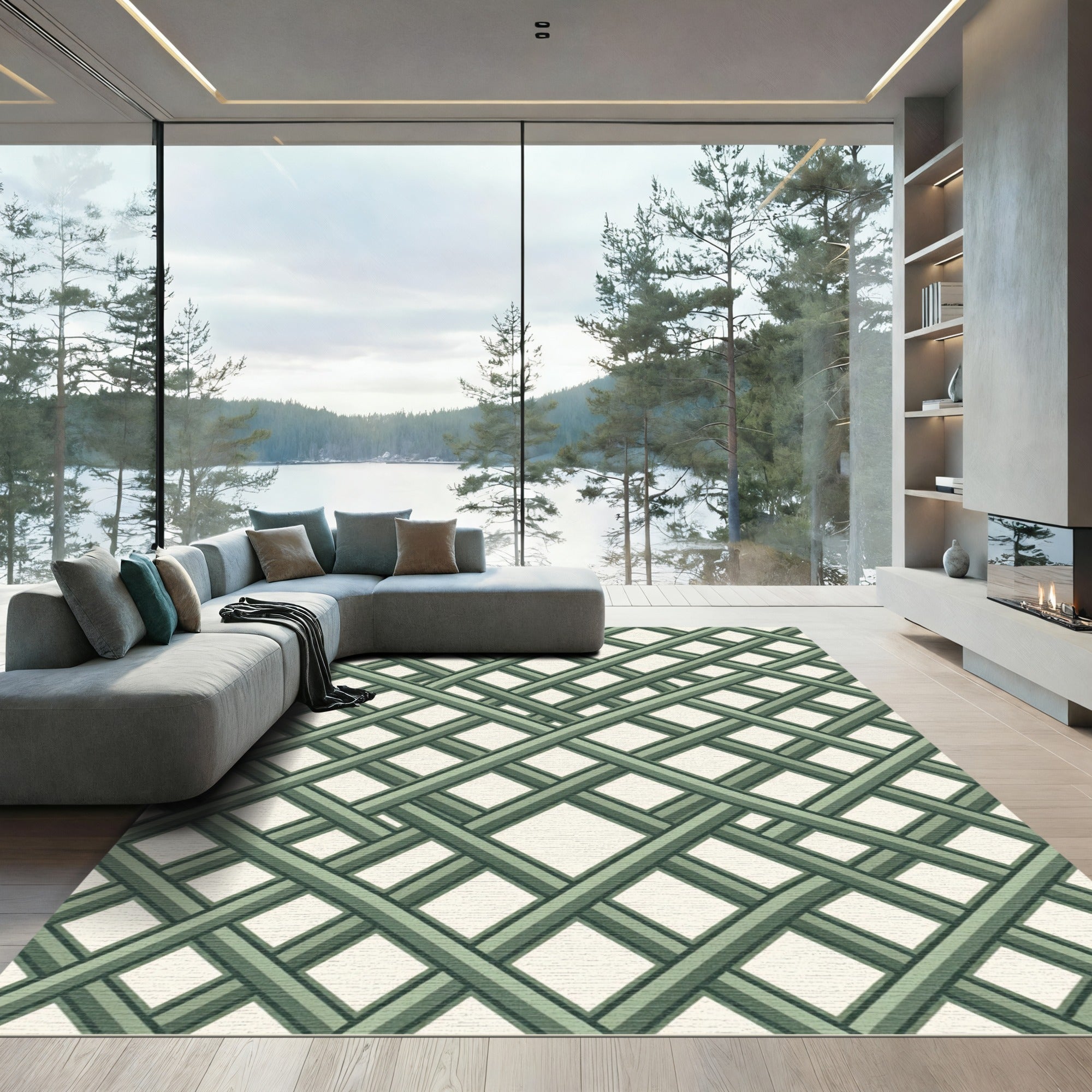Sage Green Interlocking Geometric Grid Rug