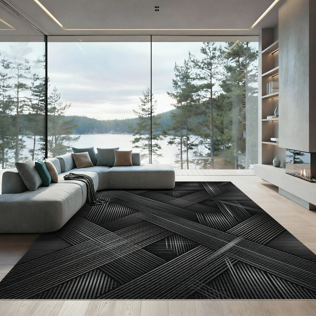 Modern Black Intersecting Lines Rug