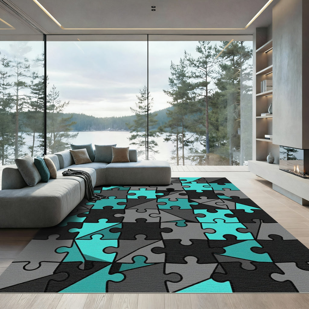 Geometric Teal and Charcoal Jigsaw Puzzle Rug