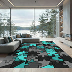 Geometric Teal and Charcoal Jigsaw Puzzle Rug