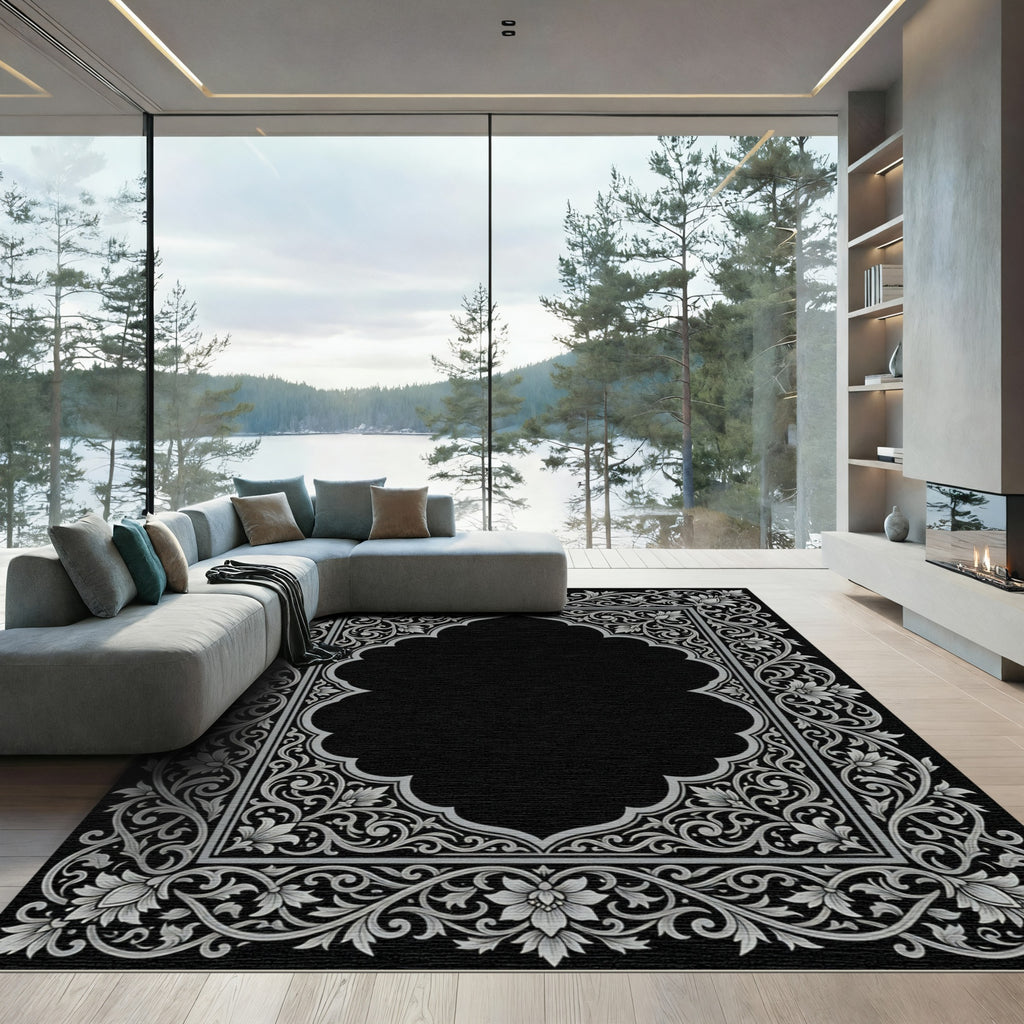Ornate Gray Floral Arch Border Rug