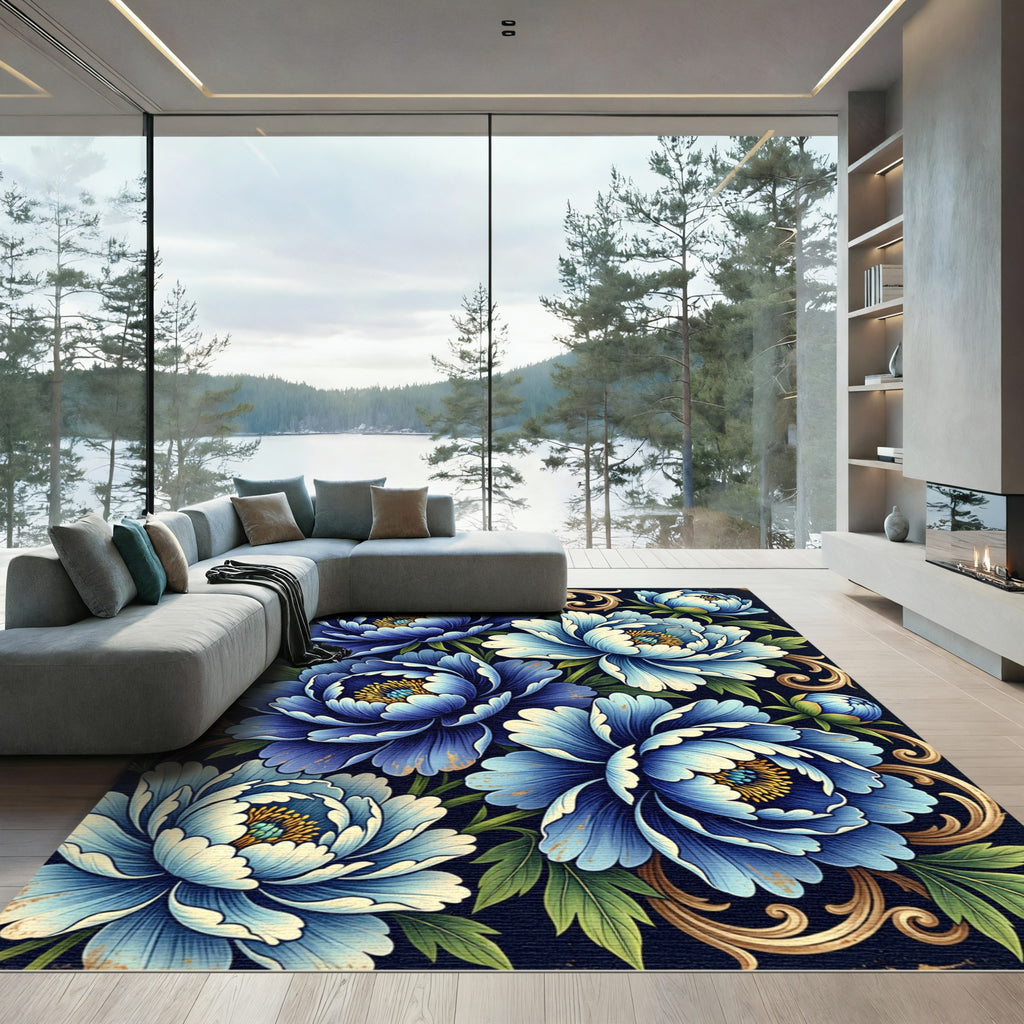 Intricate Blue Peony Floral Swirl Rug