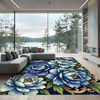 Intricate Blue Peony Floral Swirl Rug