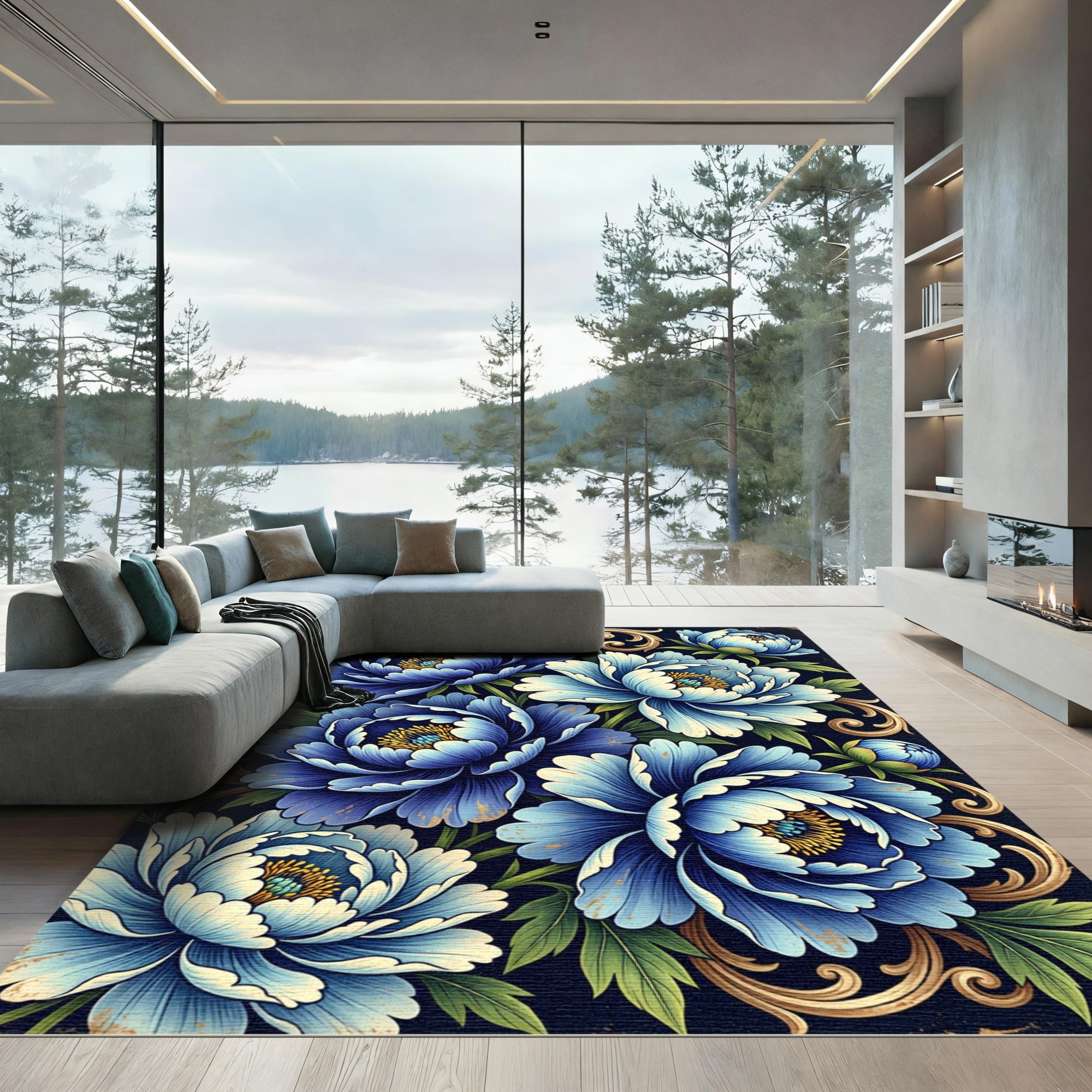 Intricate Blue Peony Floral Swirl Rug