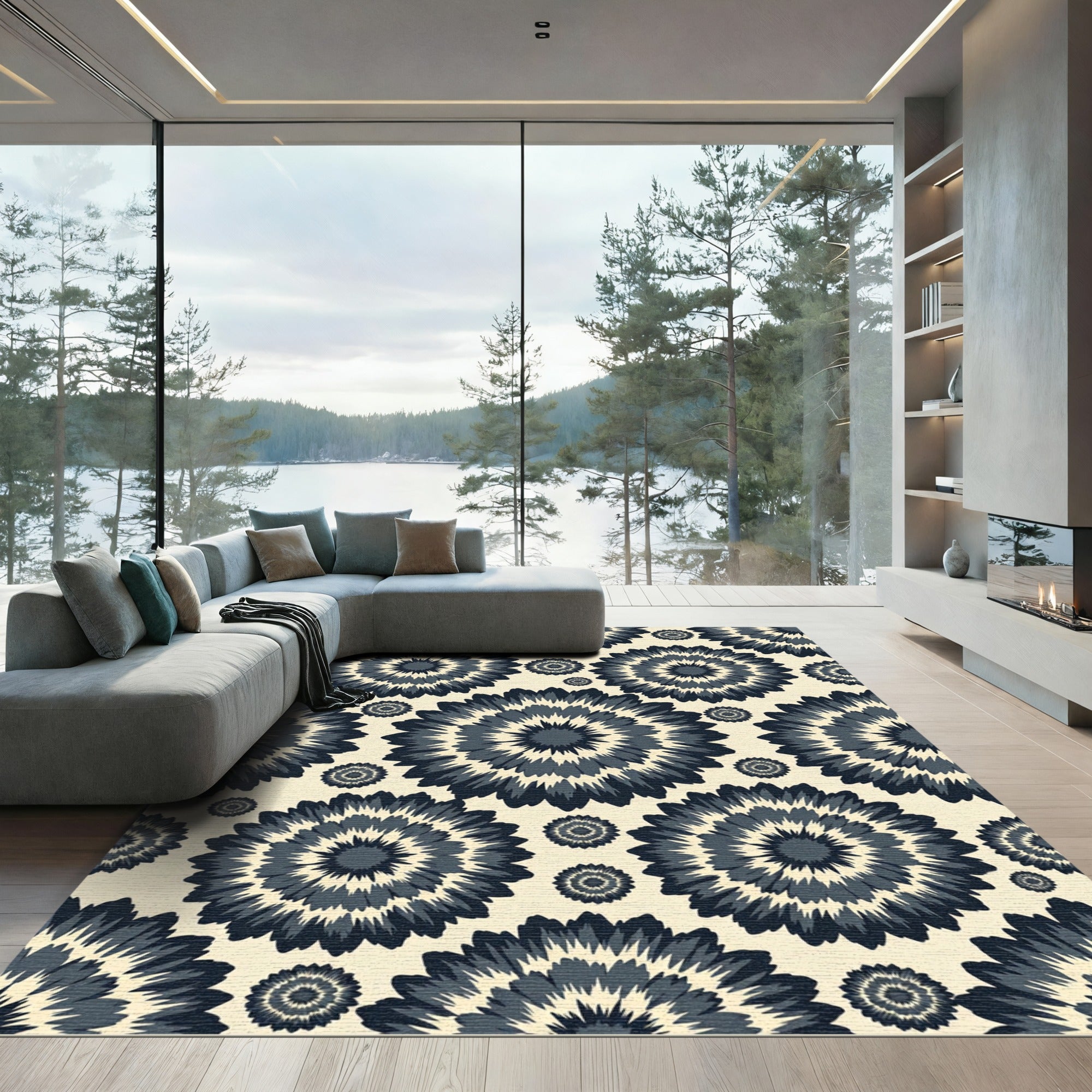 Dark Navy Circular Bloom Charcoal Cream Rug