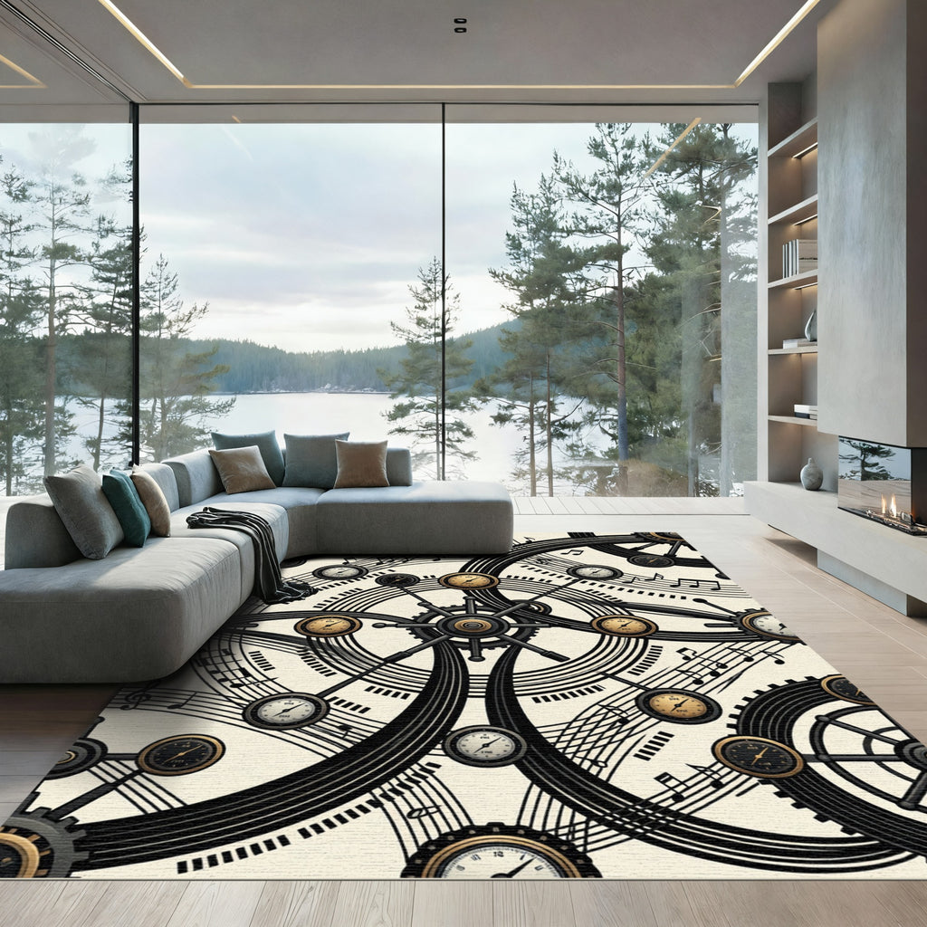 Steampunk Clockwork Musical Notes Metallic Accent Rug