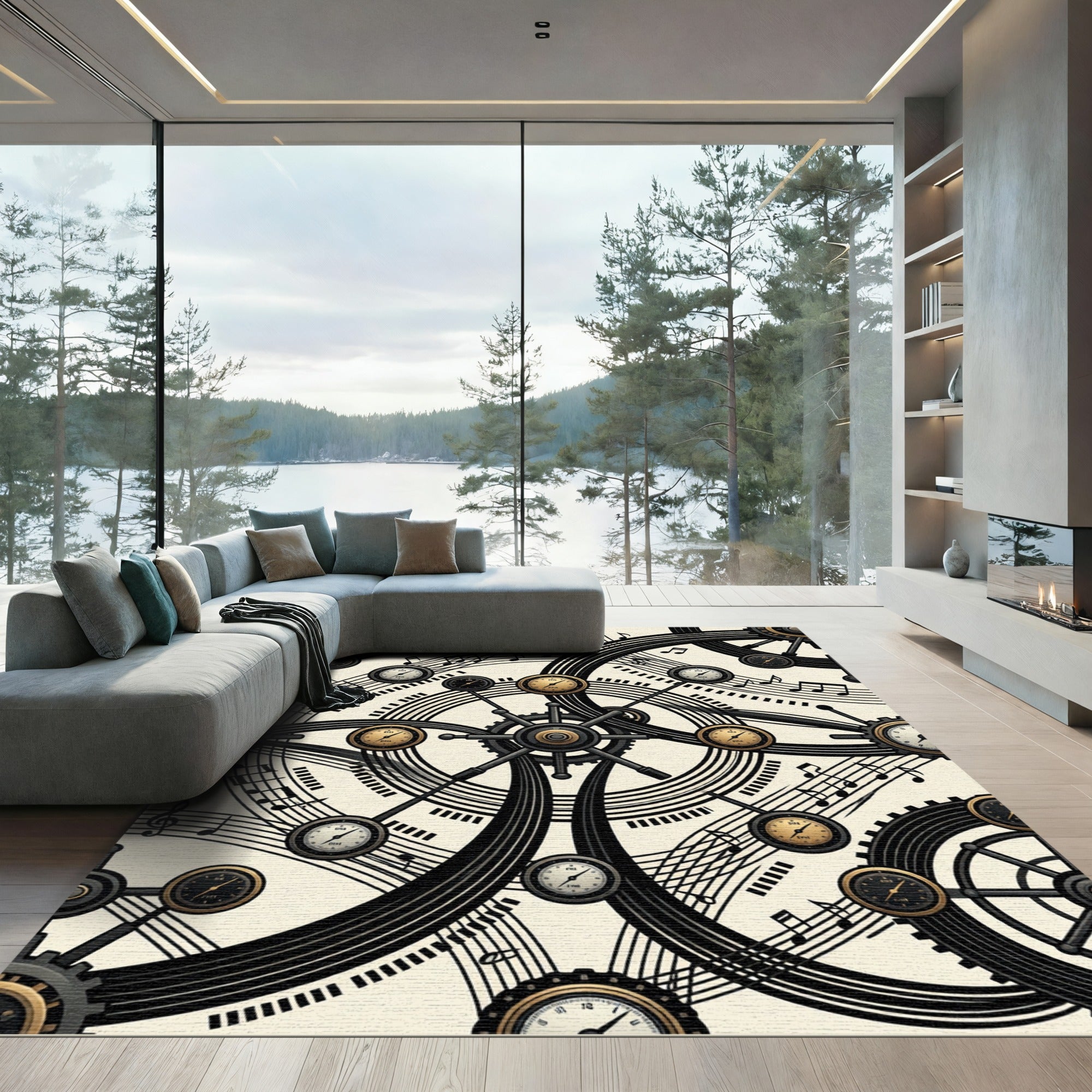 Steampunk Clockwork Musical Notes Metallic Accent Rug