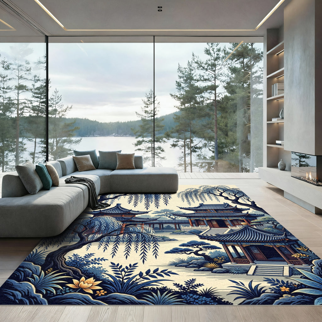 Serene Blue Pagoda Willow Garden Rug