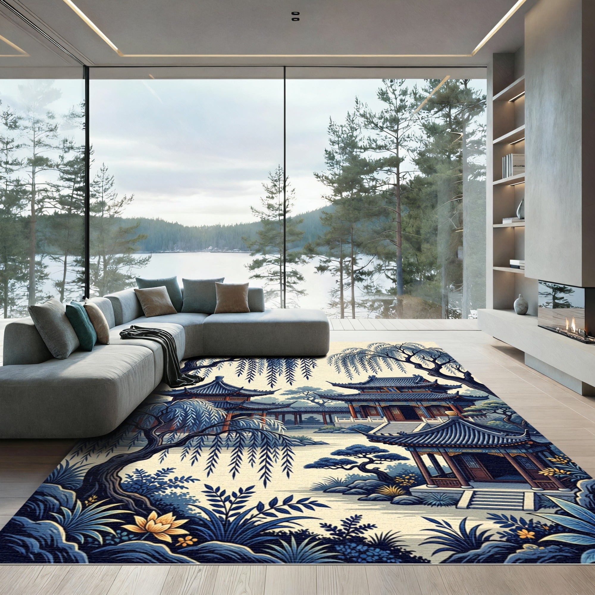 Serene Blue Pagoda Willow Garden Rug