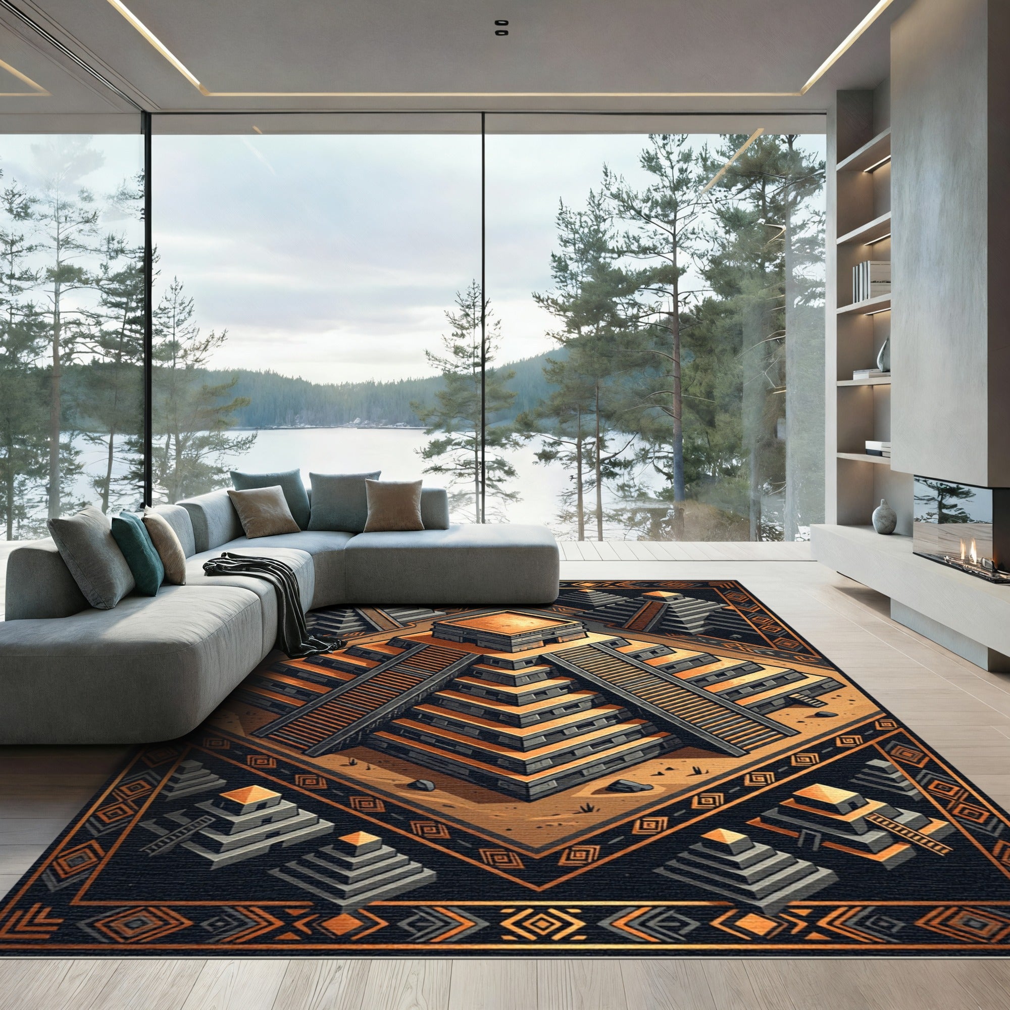 Golden Aztec Pyramid Isometric Geometric Rug