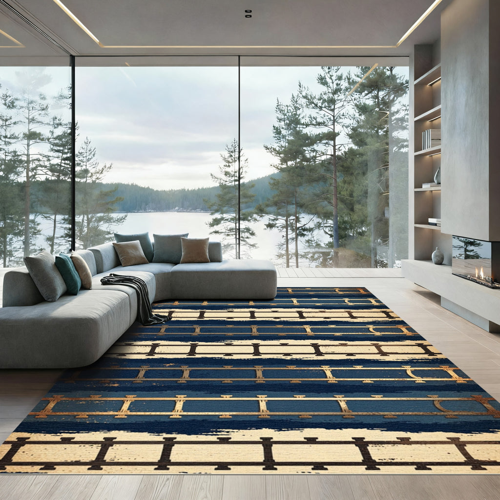 Golden Rail Navy Striped Abstract Art Rug