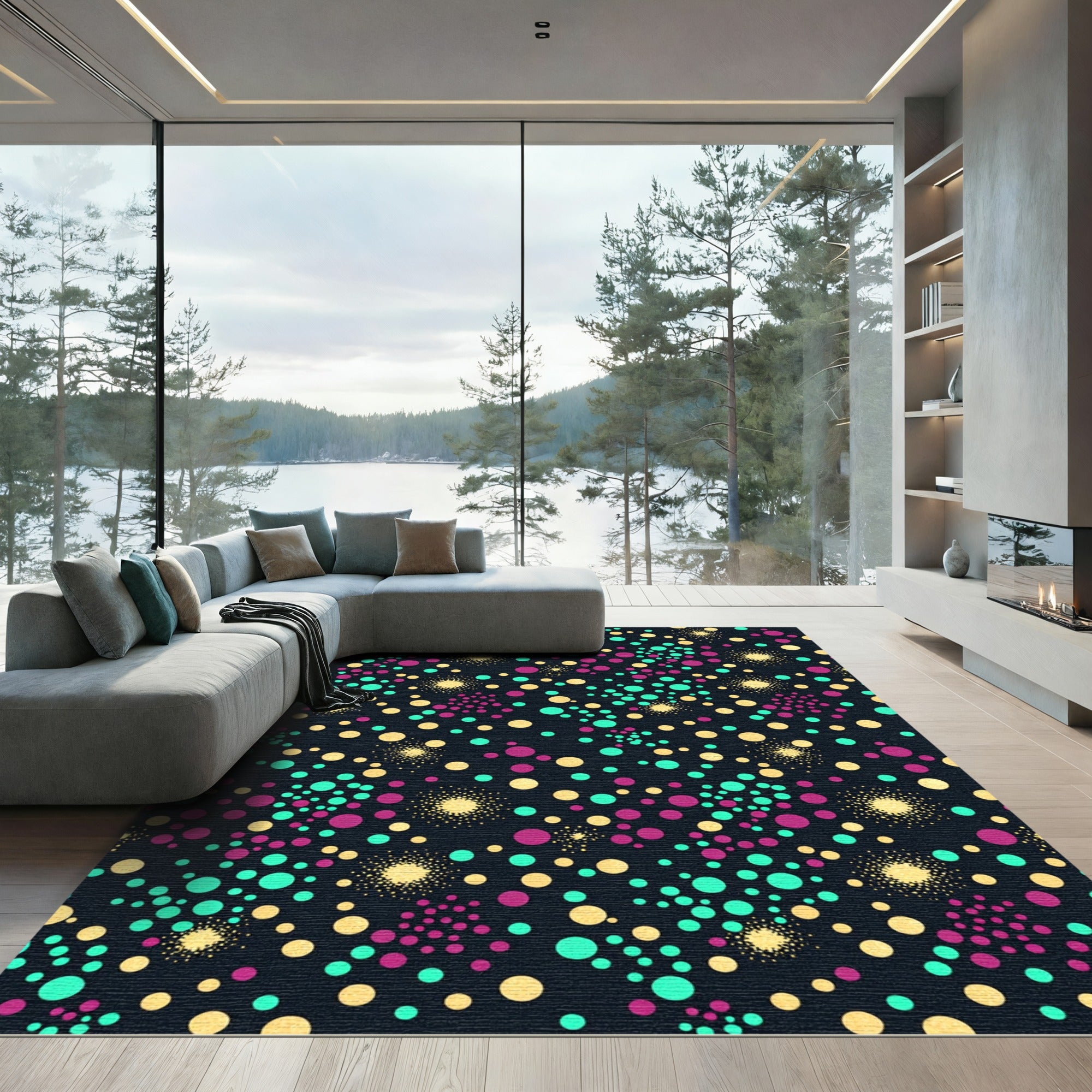 Vibrant Neon Celestial Polka Dot Galaxy Rug