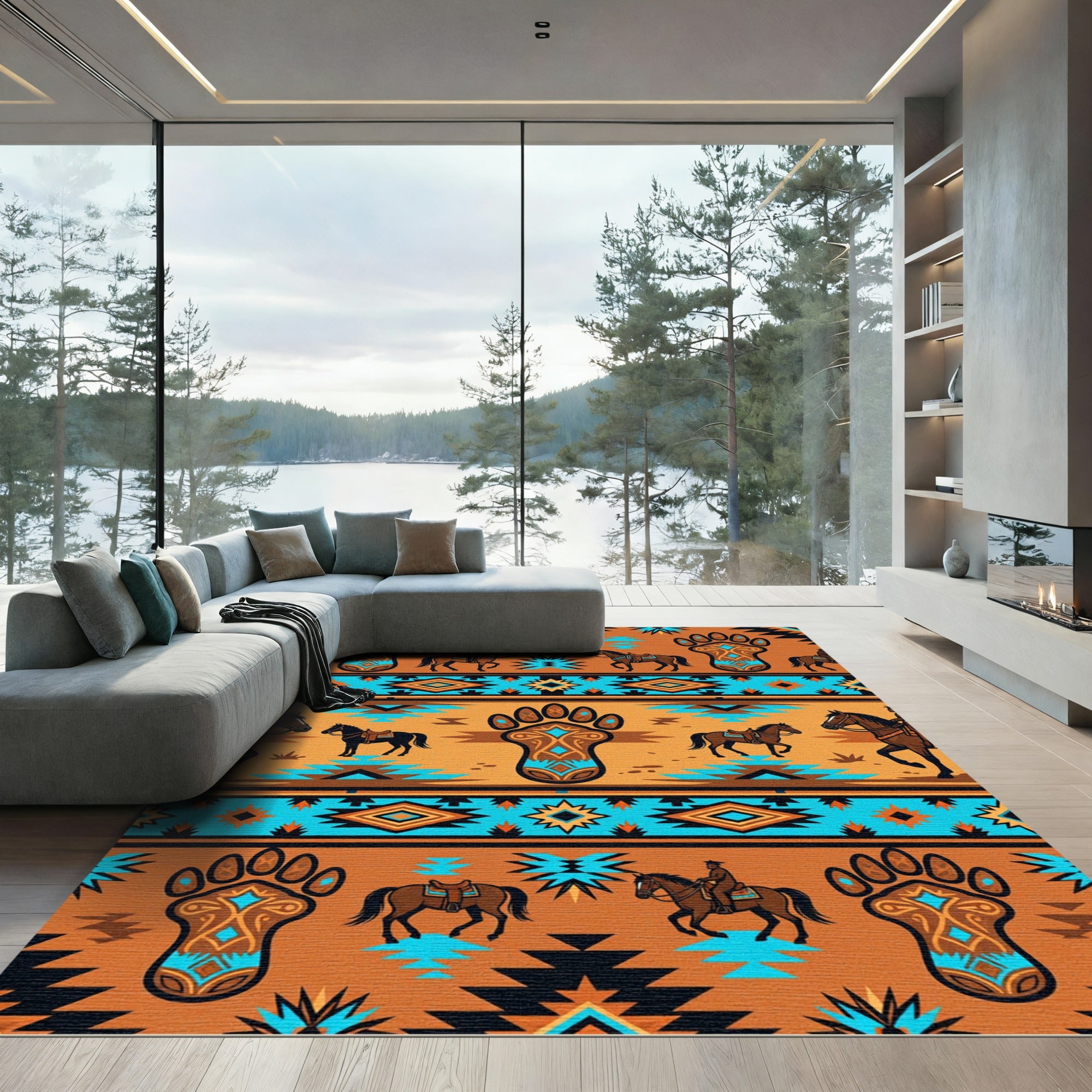 Southwestern Bear Paw Horse Earthy Tapestry Rug