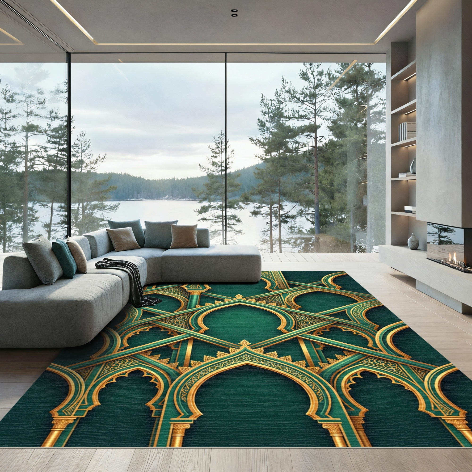 Opulent Golden Emerald Ornate Archway Rug