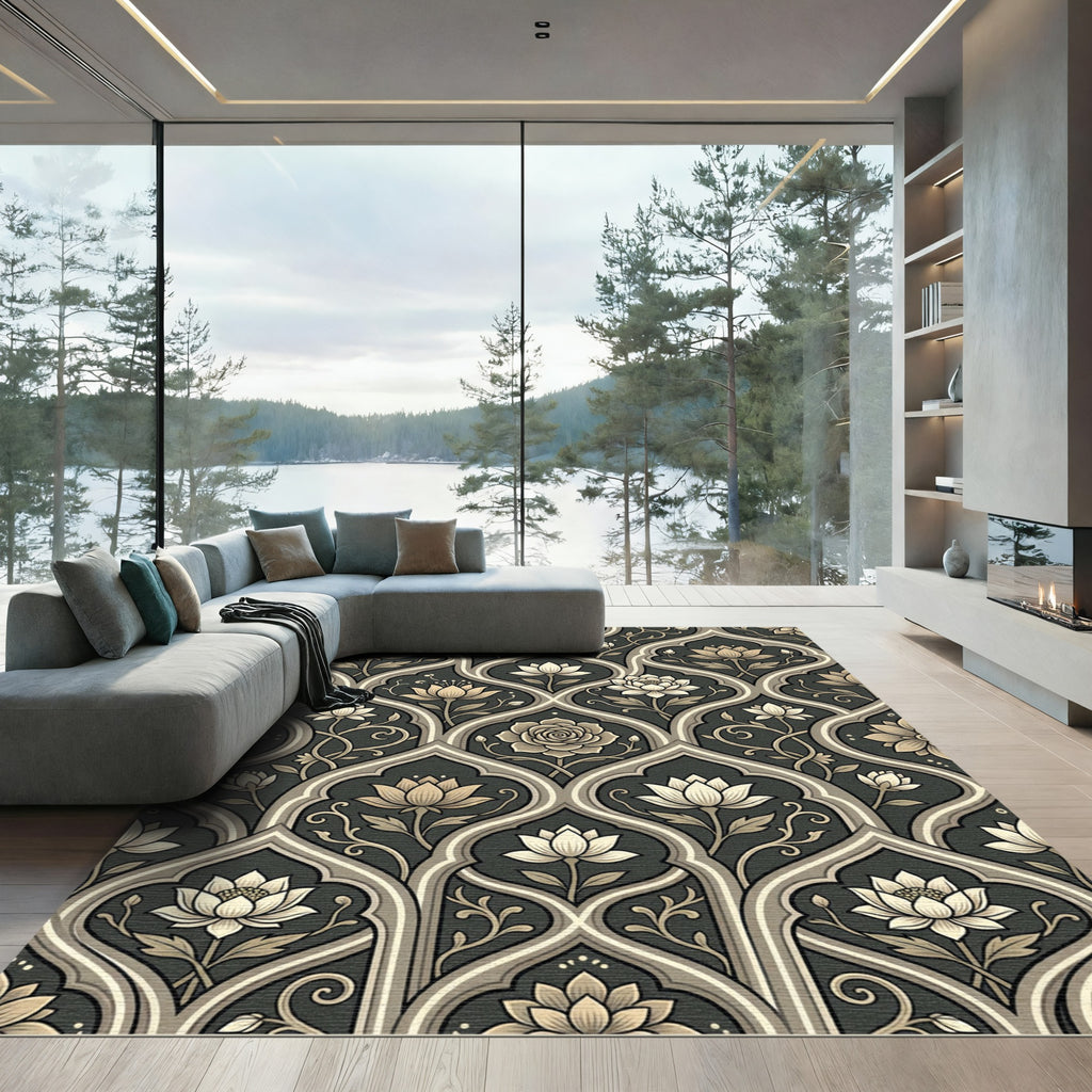 Elegant Charcoal and Taupe Lotus Scroll Rug