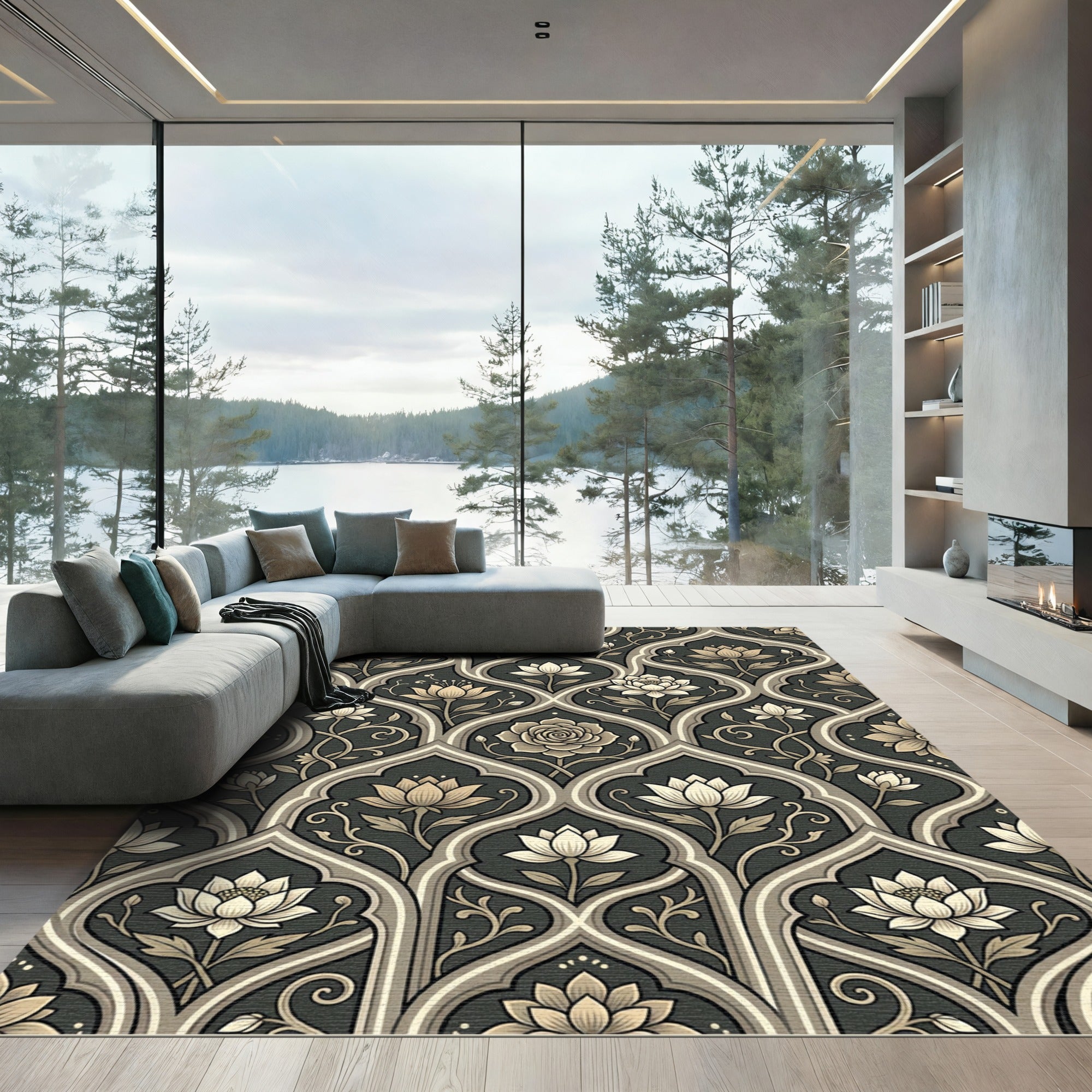 Elegant Charcoal and Taupe Lotus Scroll Rug