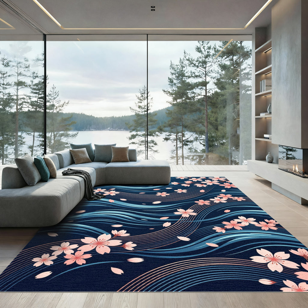 Floating Cherry Blossom Navy Wave Flow Rug