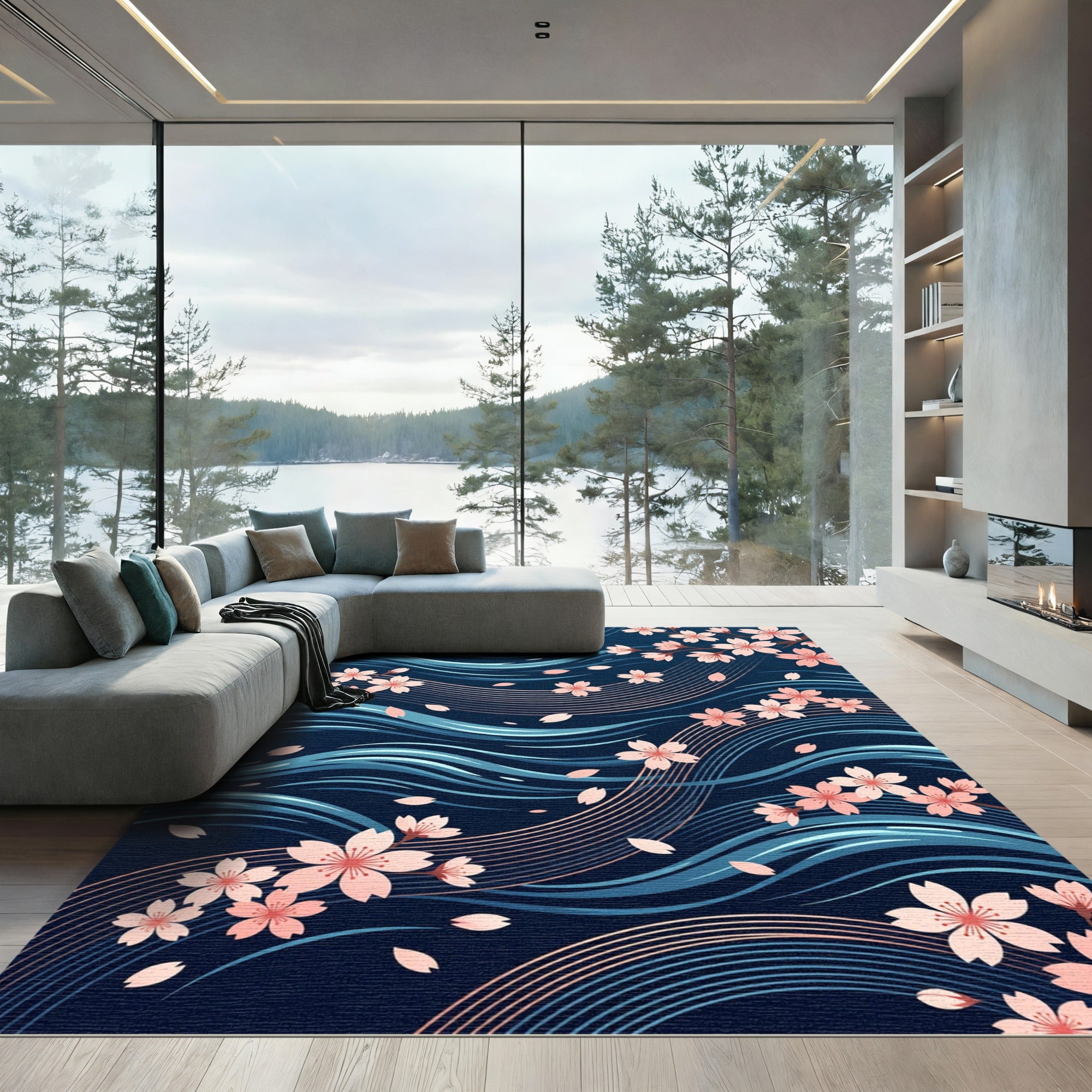 Floating Cherry Blossom Navy Wave Flow Rug