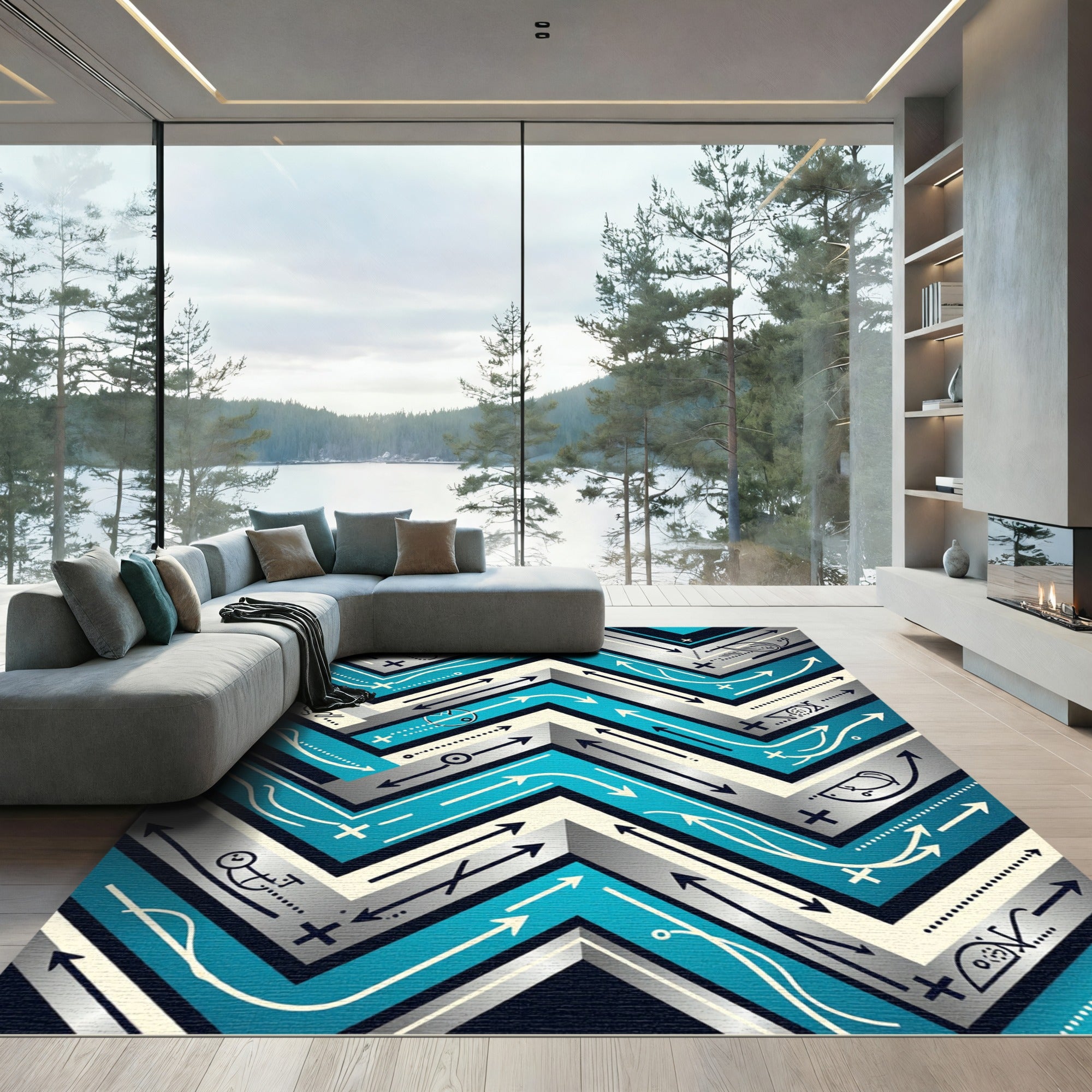 Geometric Teal Chevron Abstract Graphic Rug
