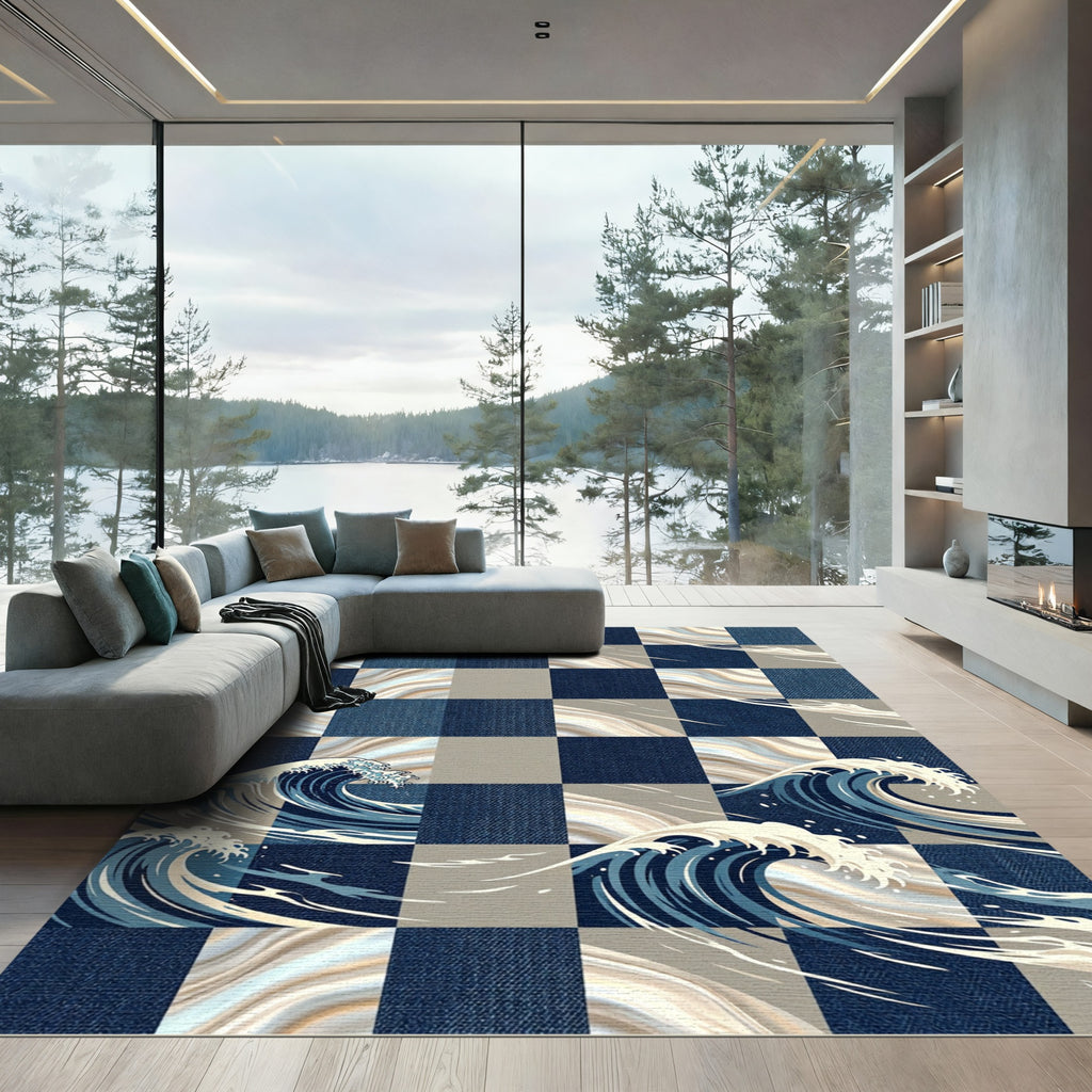 Navy Blue Checkered Wave Art Rug