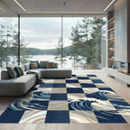 Navy Blue Checkered Wave Art Rug