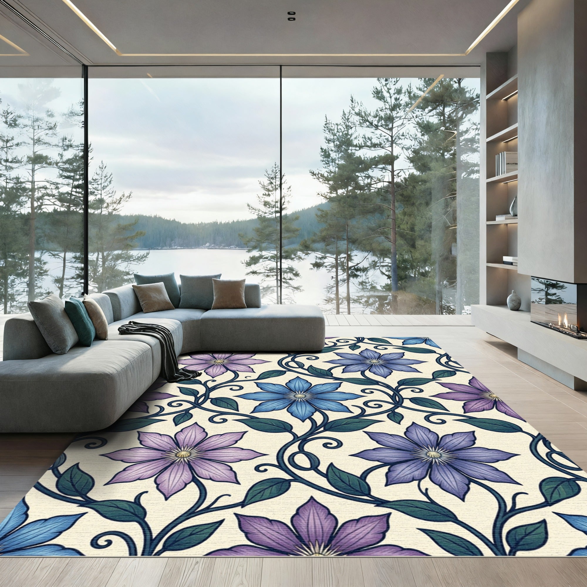 Elegant Blue Purple Clematis Floral Vine Rug