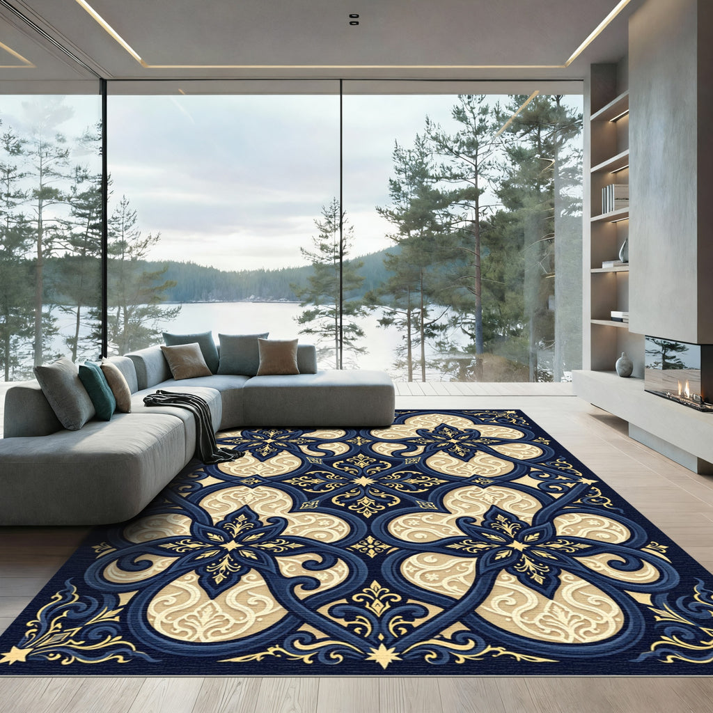 Deep Blue Gold Floral Arabesque Rug
